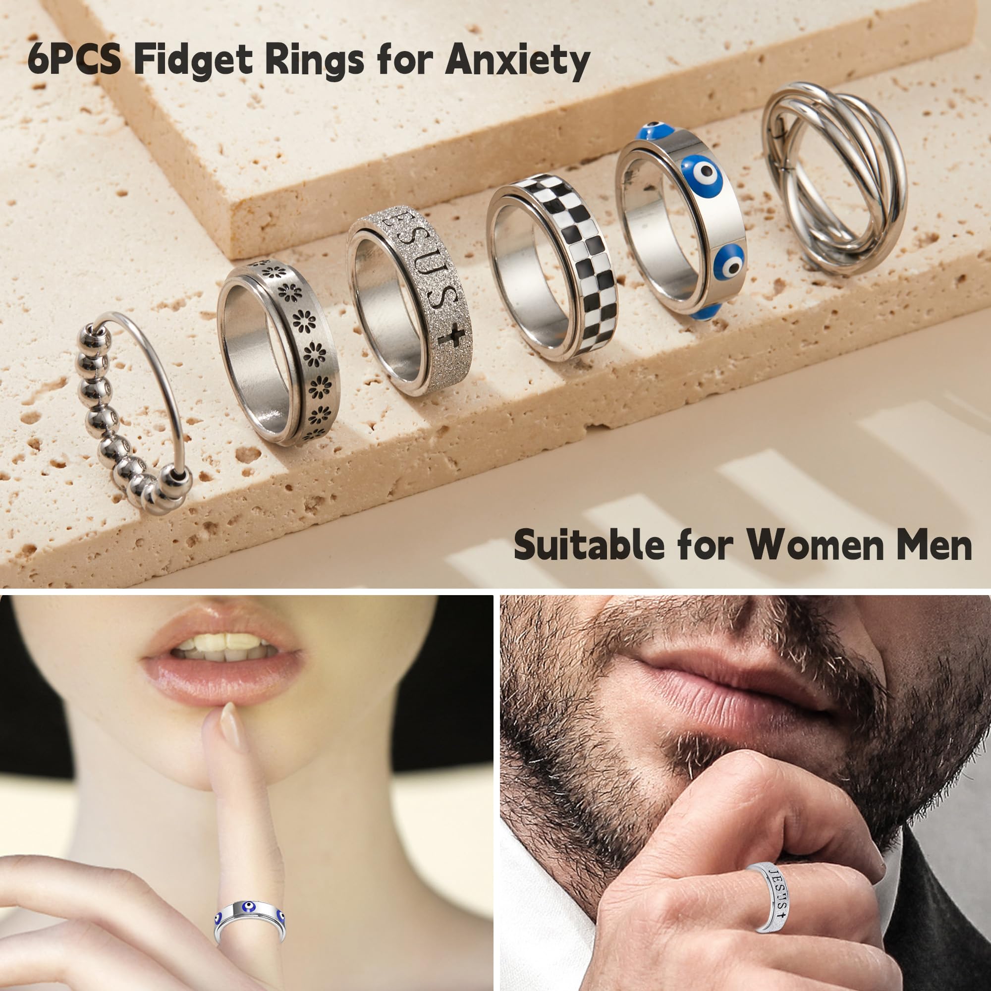 LOFITOR Fidget Rings for Anxiety 6pcs Stainless Steel Spinner Ring Anti Anxiety Ring Spinning Moon Star Cool Stress Relieveing CZ Rings for Women Men Band Rings Set CZ Silver - Image 3