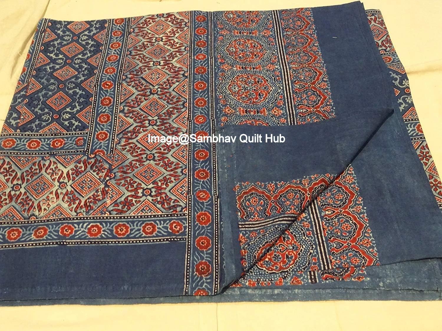 Handmade Queen Size Hand Block Print Kantha Quilt 90x108 Inch Ajrakh Kantha Bedspread Vegetable Dye Kantha Blanket Indigo Print Ajrakh Kantha Quilt Twin/Queen (60X90 inch)