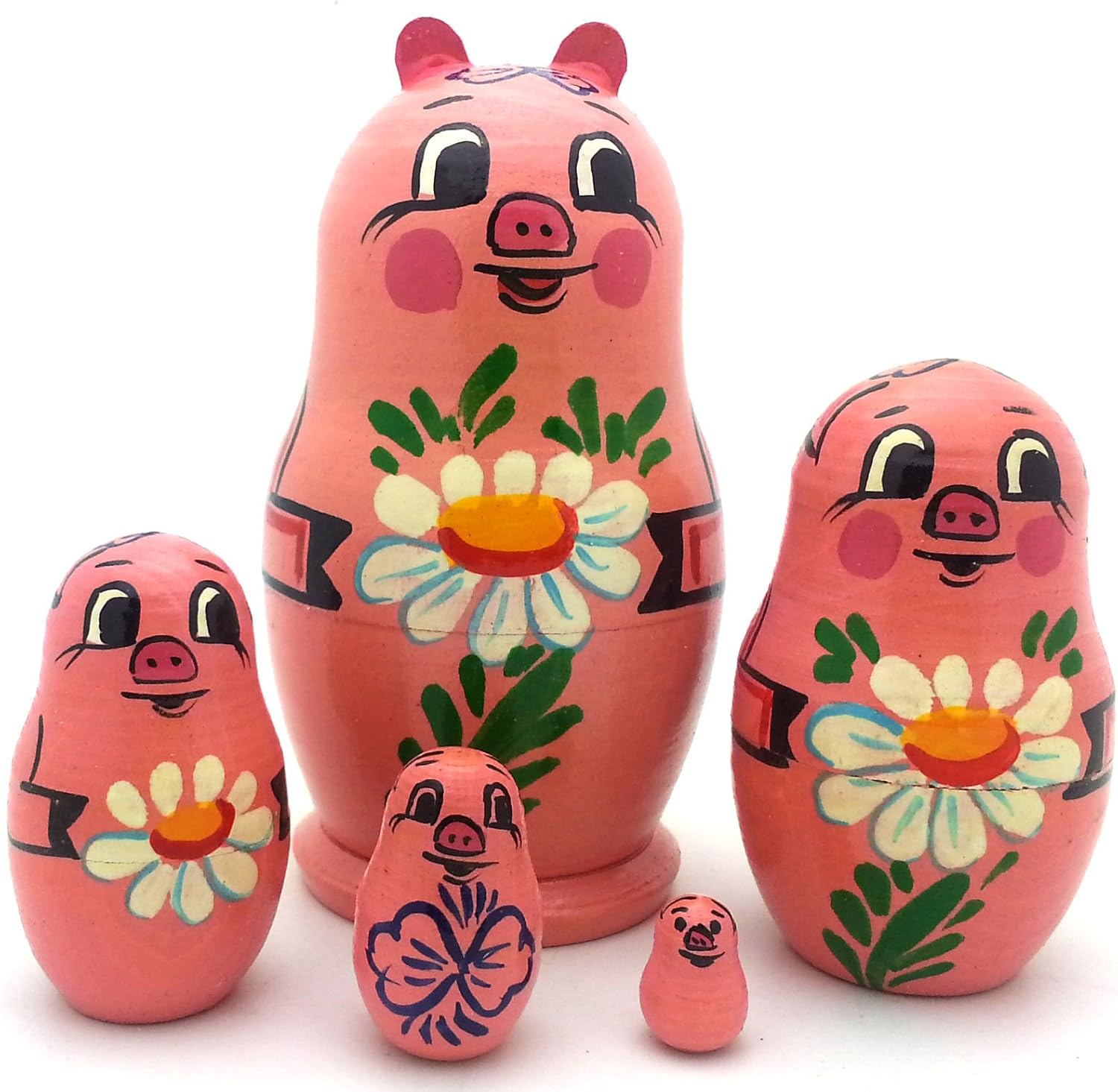 Pig Russian Hand Carved Hand Painted Nesting 5 Piece 4 inch Tall Stacking Doll Set