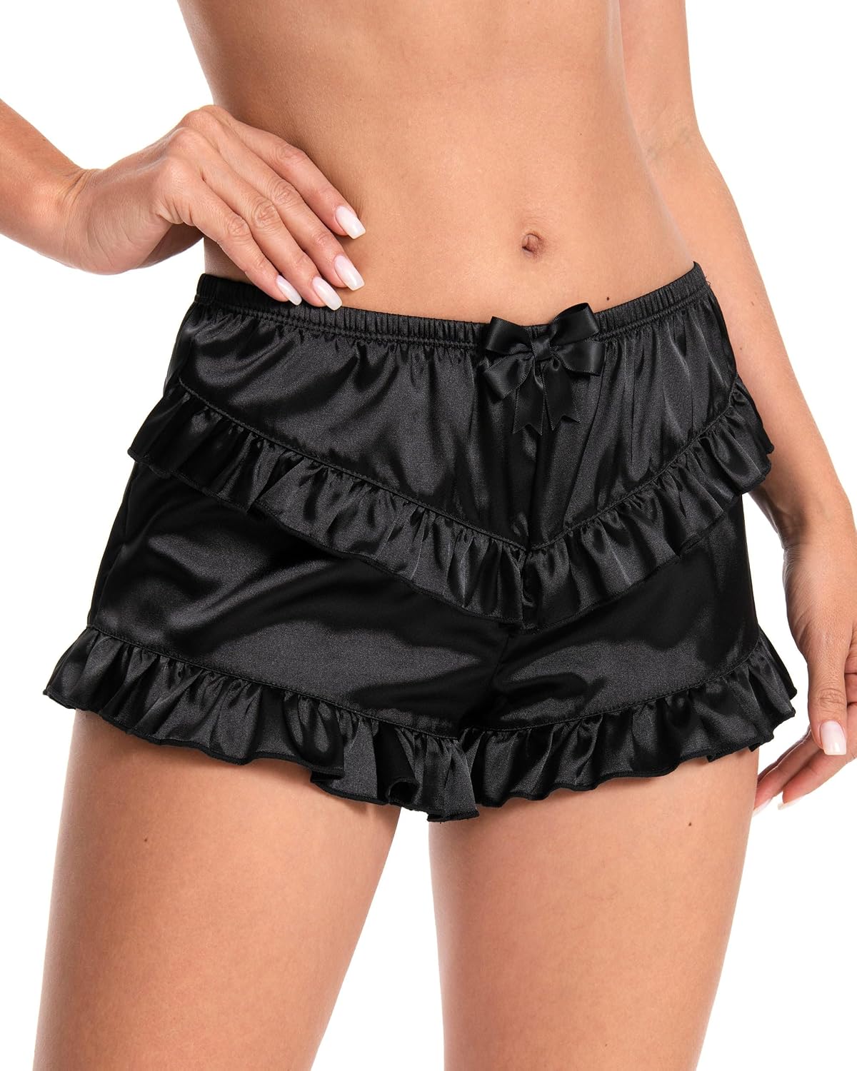 Satini Silky Satin Frilly Tap Shorts - Sissy Ruffle Lingerie Shorts with Bow Trim, Sleepwear & Loungewear