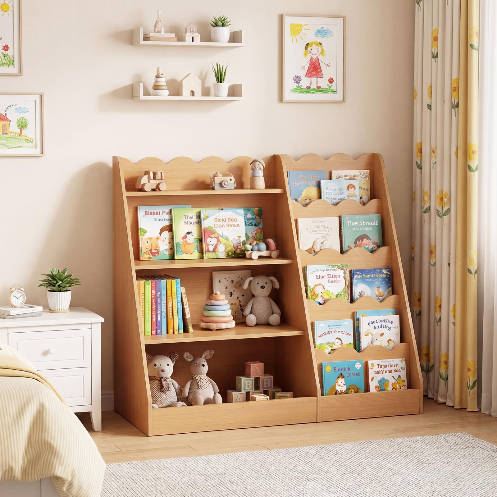 COSTWAY Bibliothèque Enfant Montessori avec 5 Niveaux Ondulés, 4 Étagères Ouvertes, Étagère à Livres en Bois avec Kits Anti-basculement, Meuble Rangement pour Chambre Salle de Jeux Crèche (Naturel)