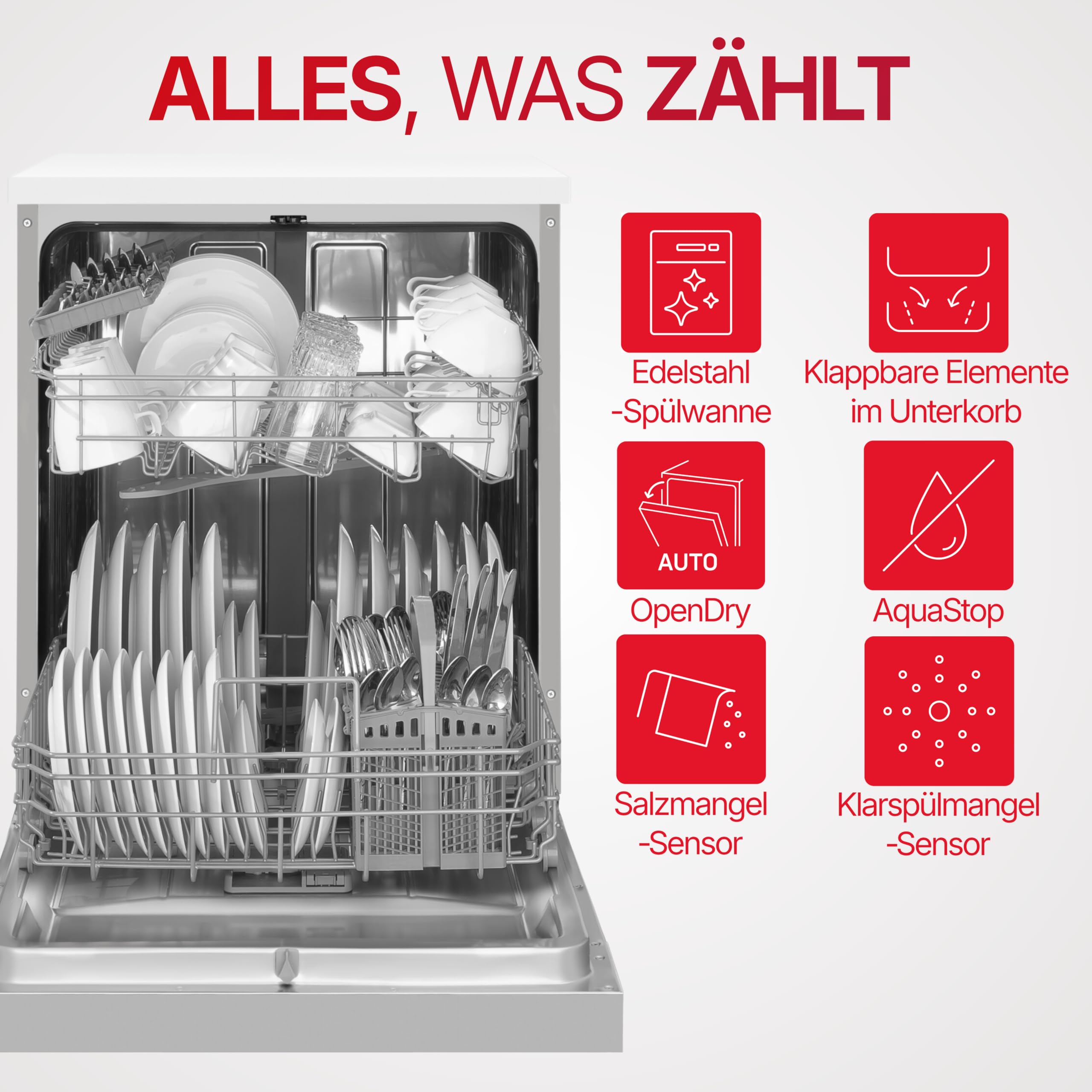 Amica Einbau Geschirrspüler 60 cm 13 Maßgedecke Silber EGSPU 513 911 E | 6 Programme, Höhenverstellbarer Oberkorb, Halbbeladung, Startzeitvorwahl, AquaStopp, OpenDry Türöffnung