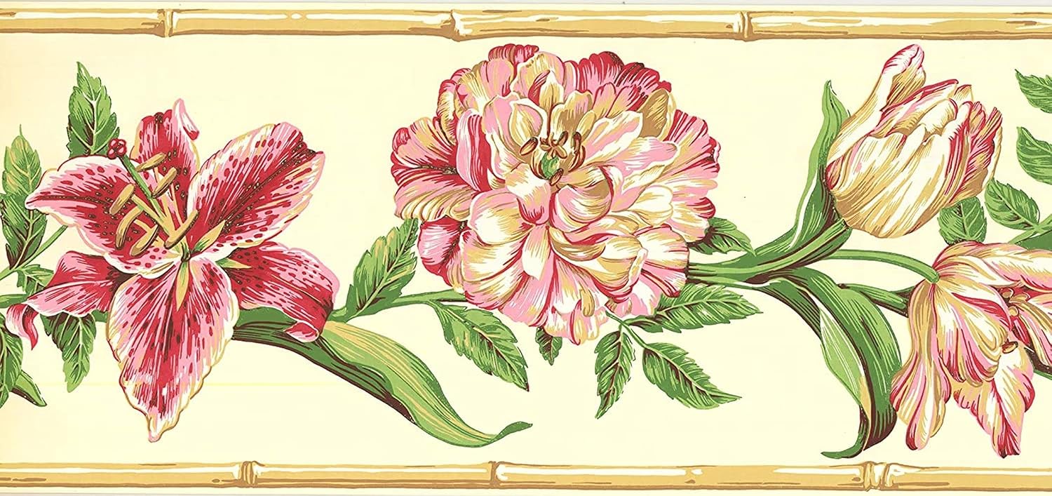CONCORD WALLCOVERINGS ™ Tropical Floral Bamboo Wallpaper Border, 9" x 15' Vintage Floral Design with Pink Roses & Green Leaves, Prepasted Washable Vinyl for Cottage & Living Room #NG8025B