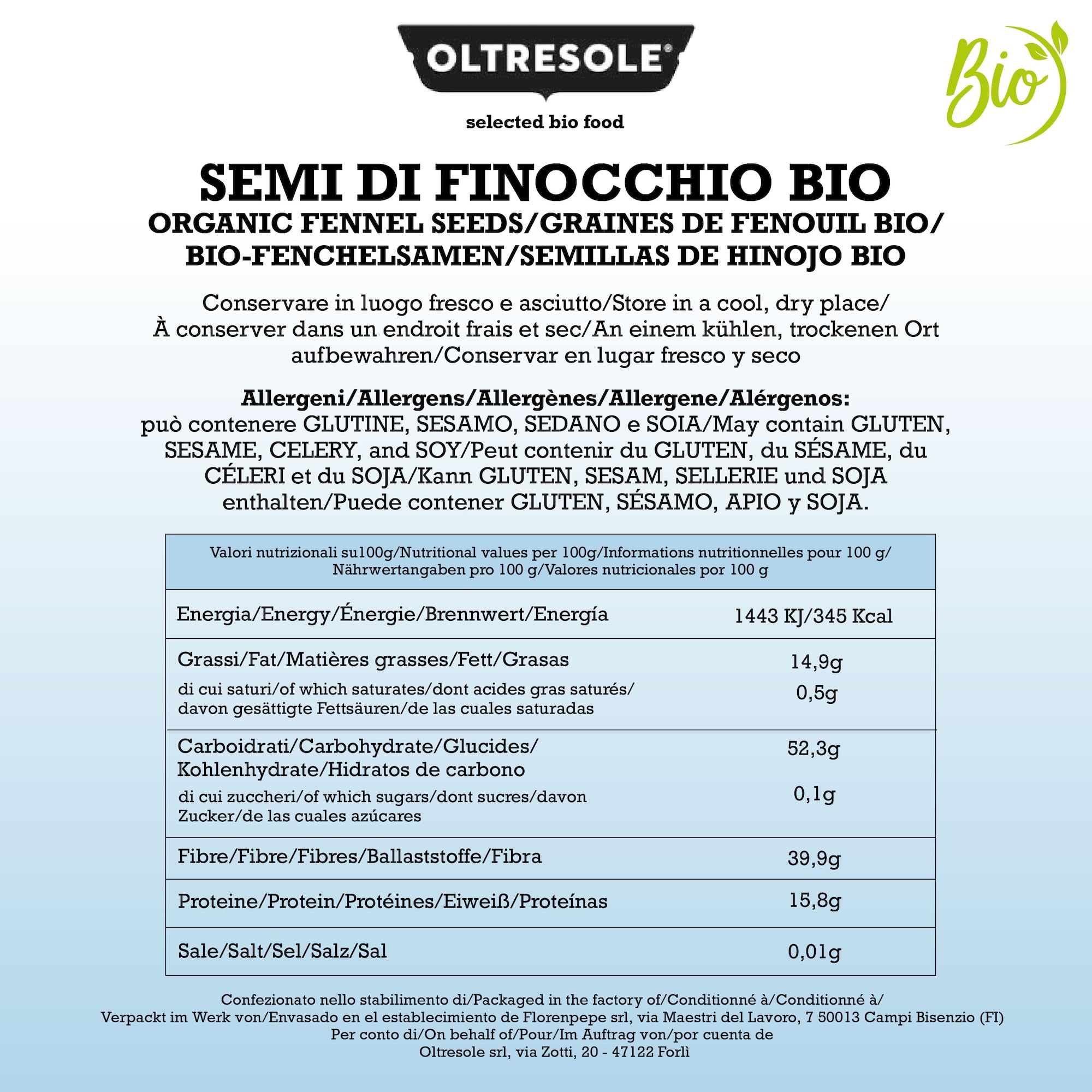 Oltresole, Semillas de Hinojo Ecológico 3 Kg, Semillas Enteras Ecológicas, Ideal para Infusiones Digestivas y Recetas, Perfecto para Panadería, Tamaño Conveniente