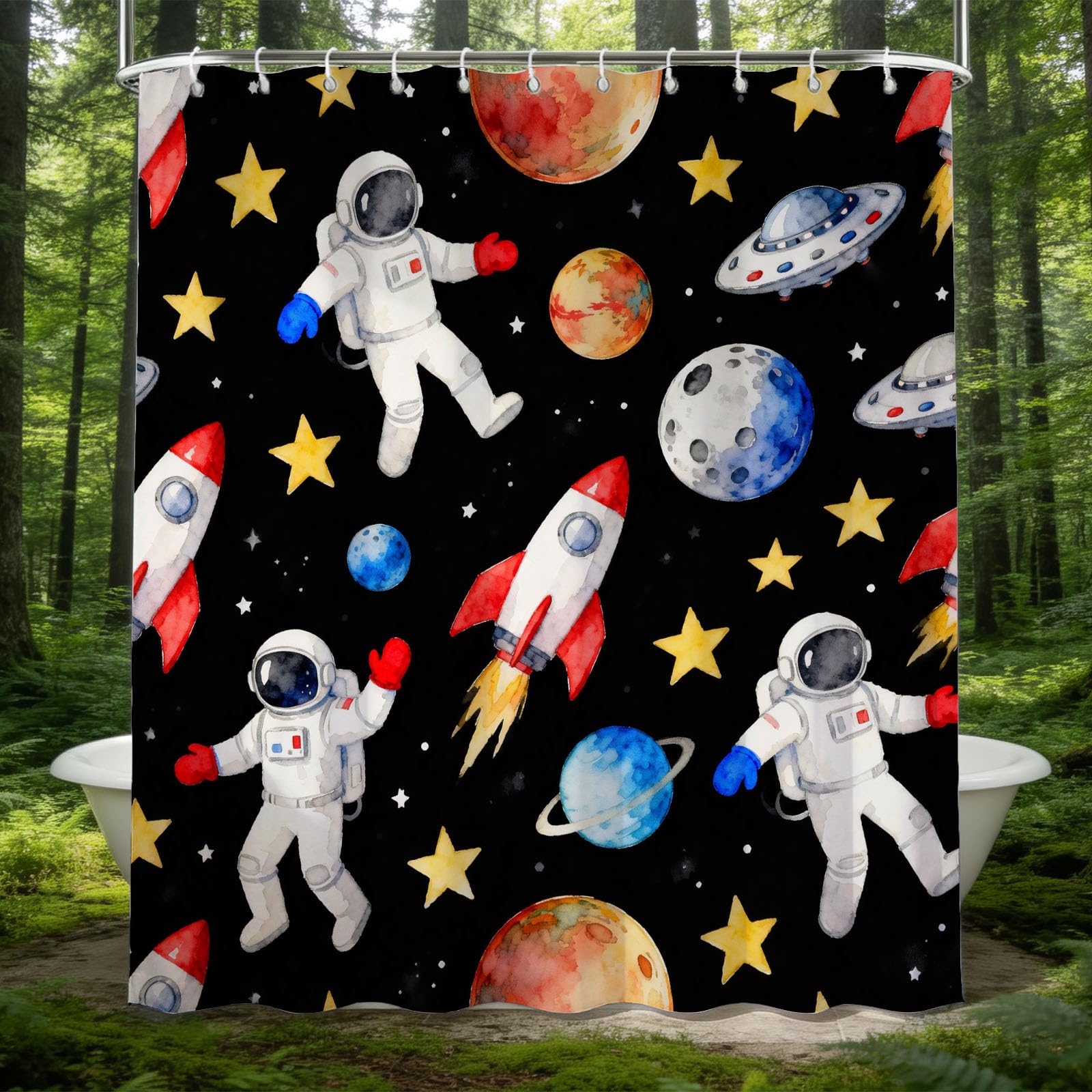Hongduo 3D Astronaut Shower Curtain for Stalls Bathtubs Watercolor Space Bathroom Decor Shower Curtain Set Polyester Fabric Waterproof 180x200cm/71X79 Inch with Hooks