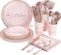 Tyzarglef 175PCS Rose Gold Happy Birthday Plates Napkins Cups Utensils Set for 25 Guests - Pink Polka Dot Party Supplies for Girls Women