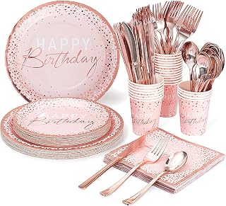 Tyzarglef 175PCS Rose Gold Happy Birthday Plates Napkins Cups Utensils Set for 25 Guests - Pink Polka Dot Party Supplies for Girls Women