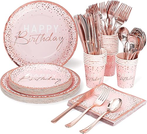 Miniatura 8 de 175 platos y servilletas de feliz cumpleaños, platos y servilletas de papel de punto dorado con tenedores de plástico dorado, cuchillos, cucharas
