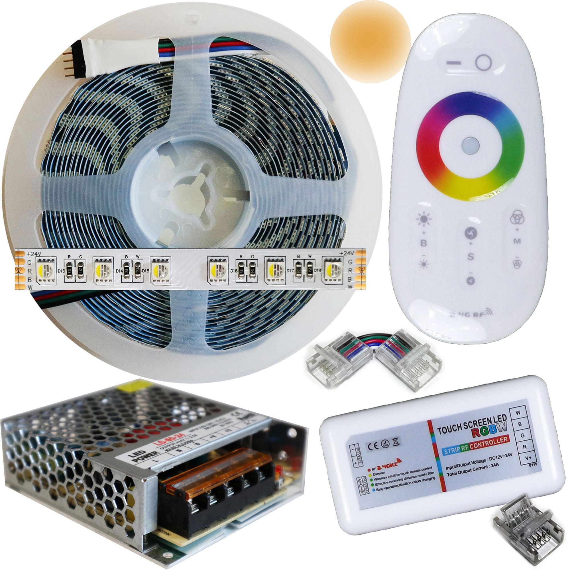 RGB+Bianco Caldo 4in1 24V. Kit da 5 Metri con 1 Trasformatore da 60W e 1 Controller 2,4Ghz. Con 300 Led RGB+WW sviluppa 2500+2500 Lumen. Striscia RGBW Ip20