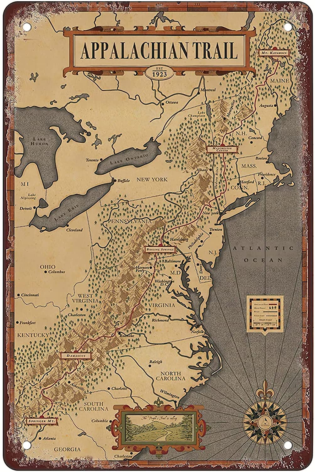Yepyayqvk Appalachian Trail Map Vintage Maps Poster Old Maps For Living Room Bedroom Office Wall Decoration 8x12 Inch