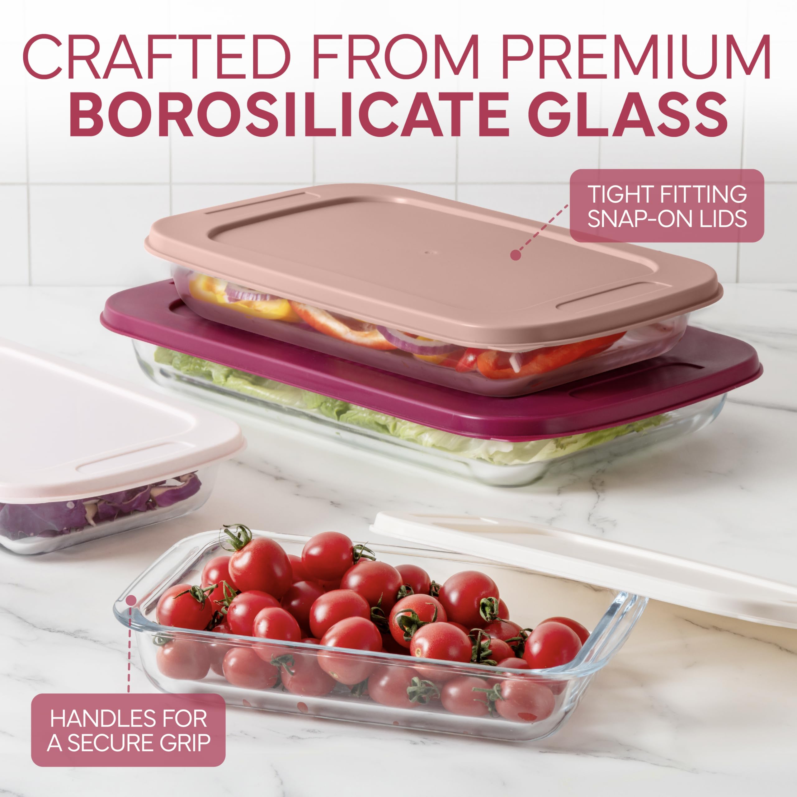 COOK WITH COLOR Glas-Backformen-Set mit Deckel, tiefe Auflaufform, Lebensmittelbehälter, ofen-, gefrier- und mikrowellengeeignet, transparenter Behälter, 8-teilig