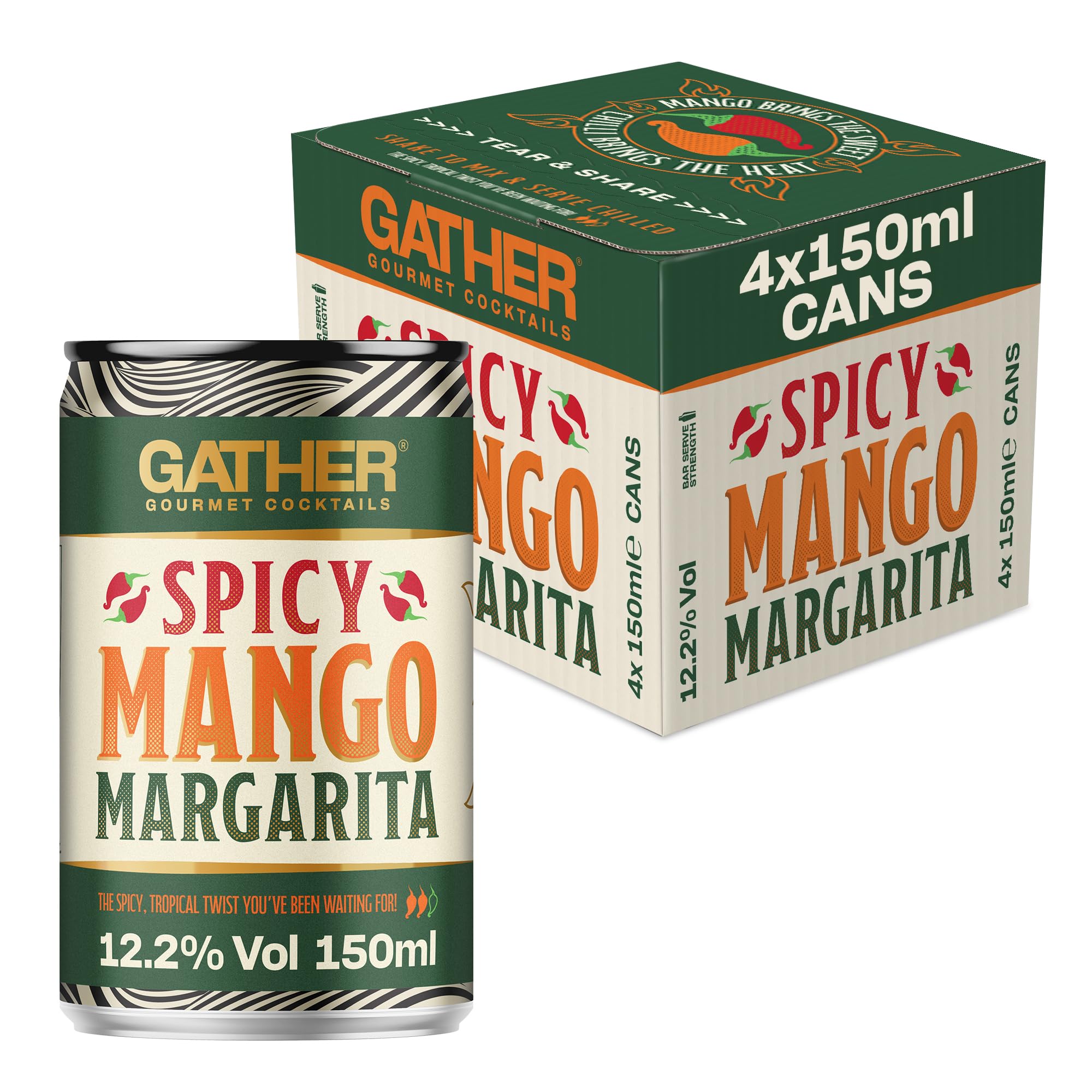 GATHER Spicy Mango Margarita | 4x150ml Canned Cocktails | Alphonso Mangoes, Spicy Habenero Chillies, Tequila| 12.2% ABV | Vegan and Allergen Free | Cockatil Pack