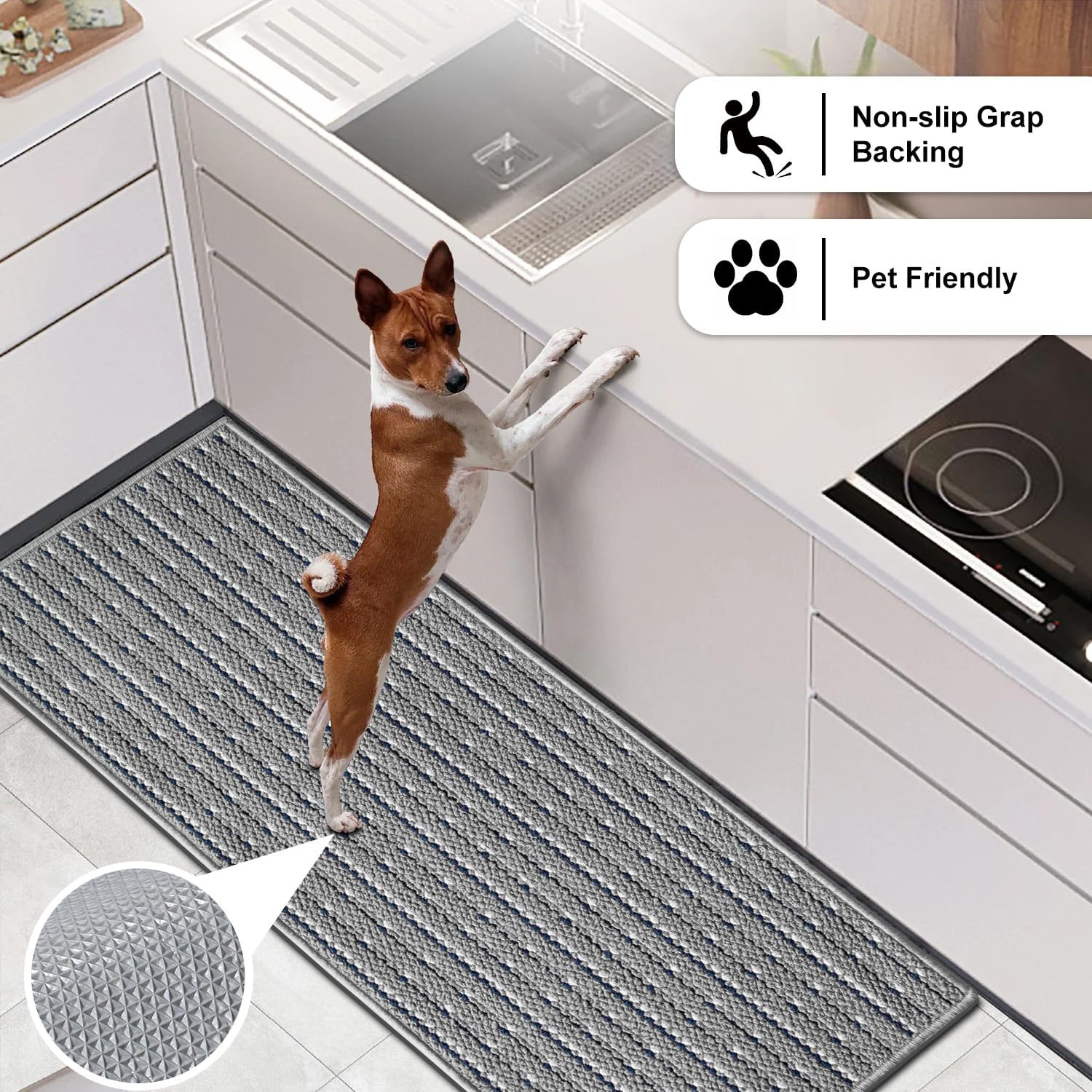 eqivei Kitchen Rugs Washable Non-Skid 2-Piece Set, 20"x47" + 20"x32" Absorbent Soft Floor Mats for Kitchen Sink & Entryway, Decorative Runner, Easy Clean Anti-Fatigue Comfort (Grey)