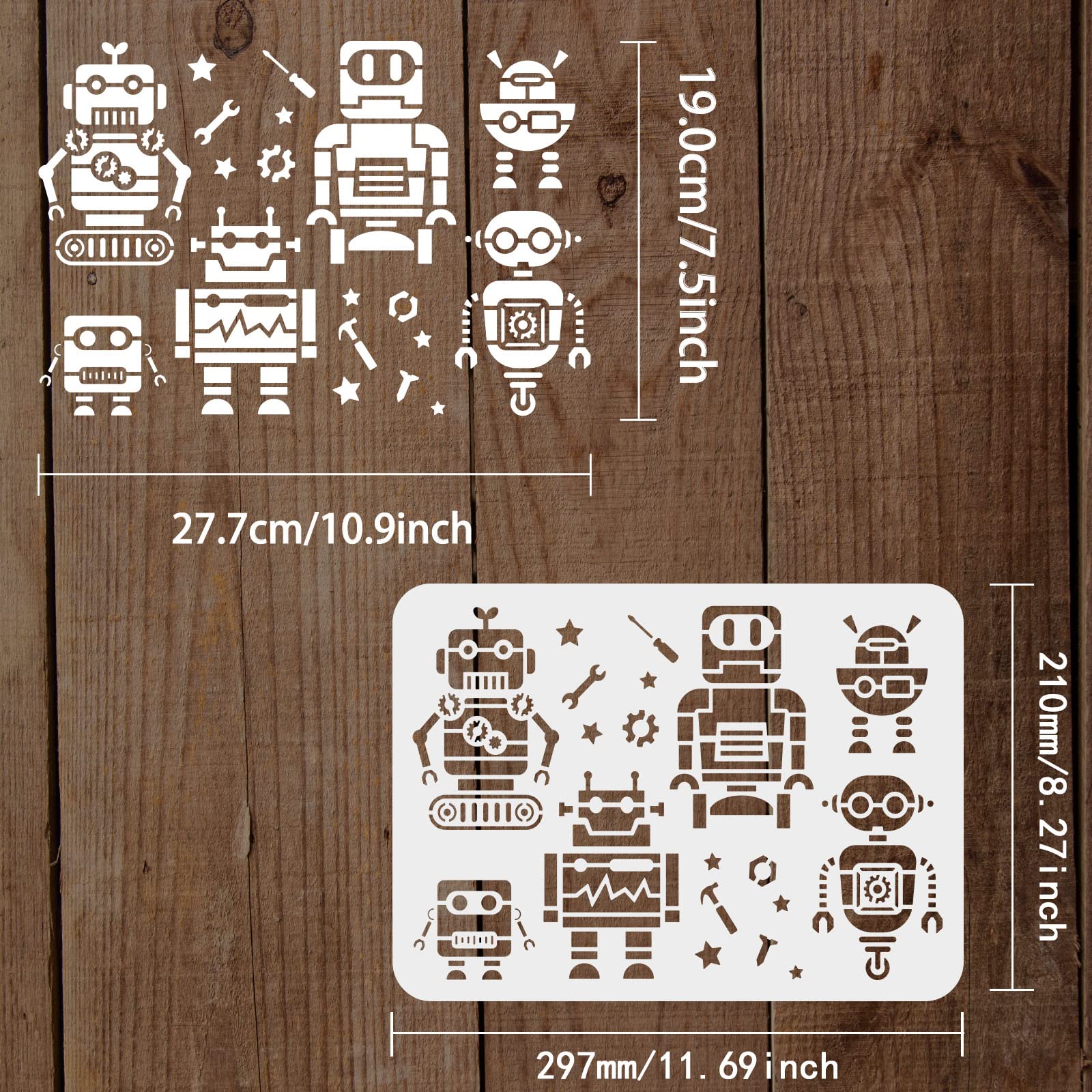 FINGERINSPIRE Robot Stencils 29.7x21cm Robots Painting Stencil Plastic Screw Nut Screwdriver Wrench Hammer Pattern Stencils Resuable DIY Robot Crafts Stencil for Painting on Wood Floor Wall - Image 2