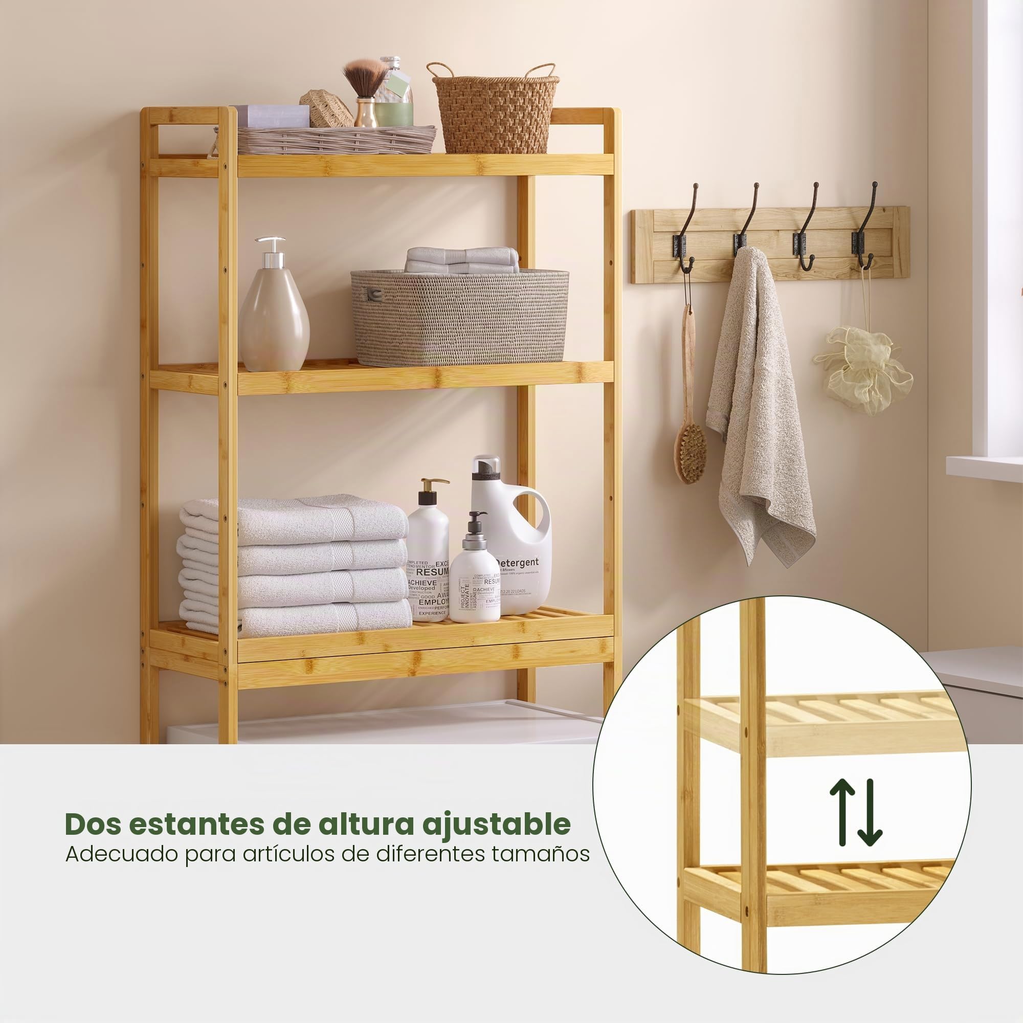 EUGAD Estantería Baño Bambú con 3 Estantes, Estantería Alta Encima WC, Mueble Baño sobre Lavadora con Rejillas Transpirables, 63,5x26x163 cm, Color Bambú Natural