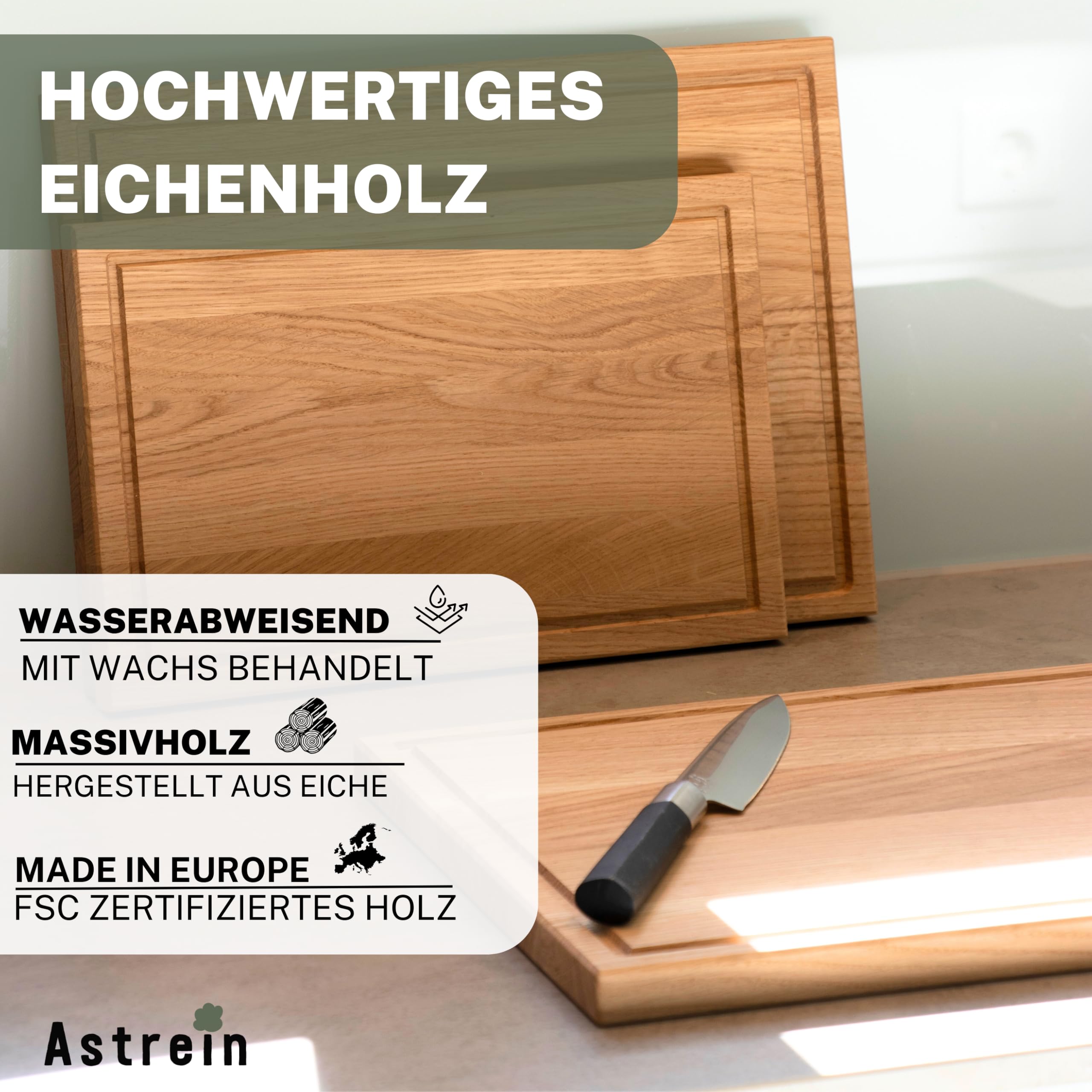 ASTREIN® Drewniana deska do krojenia, drewniana deska z litego drewna dębowego, deska do krojenia z drewna, deska do krojenia, drewniana deska do krojenia, deska kuchenna (XL | 40 x 30)