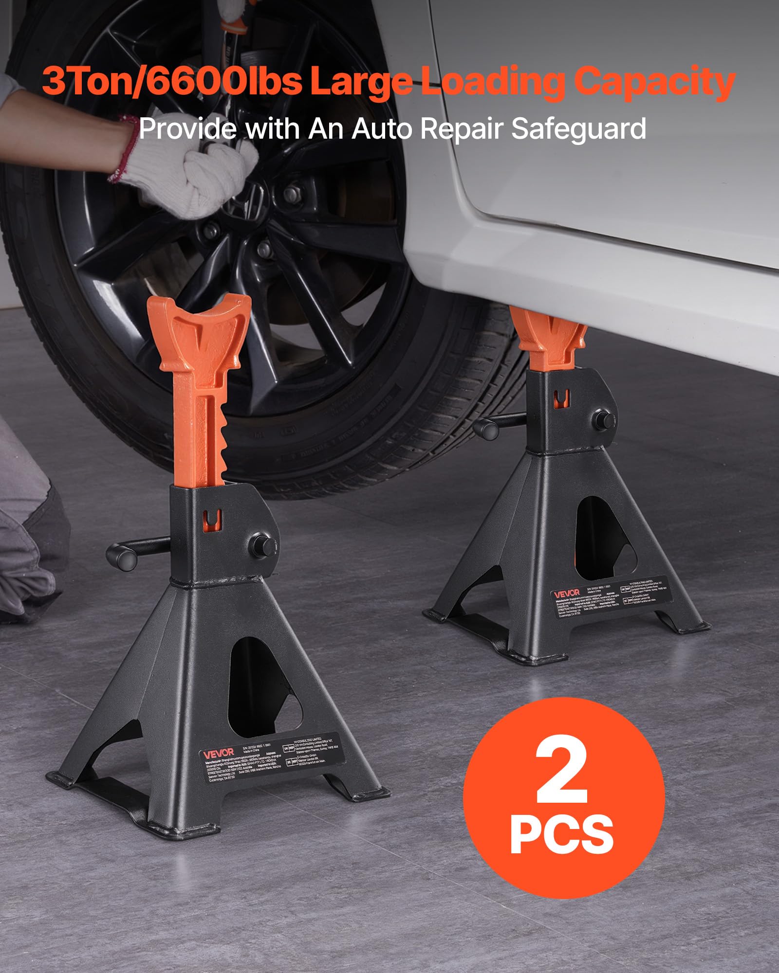VEVOR Cavalletti di Sollevamento Capacità 3 Tonnellate, Altezza Regolabile da 275 a 415 mm, Robusti Cavalletti di Sollevamento in Acciaio con Bloccaggio, per SUV, Auto, Nero e Arancione