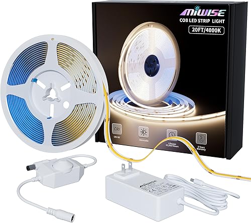 MIWISE COB - Tira de luz LED de 20 pies20.0 ft, CRI 90+ blanco natural 4000 K, alto lumen, regulable, súper brillante, flexible, DC24V, cinta de luz