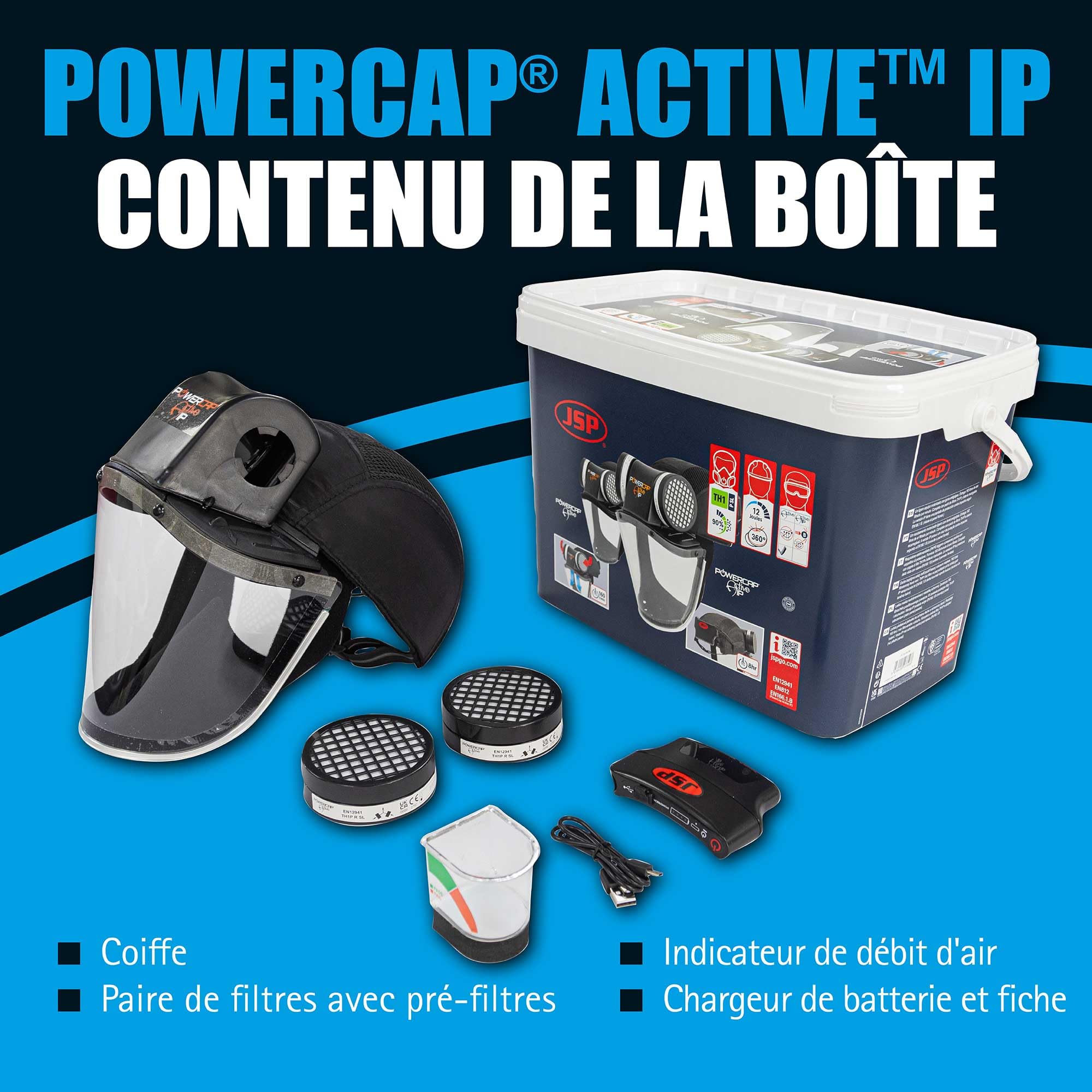 JSP POWERCAP ACTIVE IP PAPR Masque Respiratoire Ventilé - Filtre & Visière Anti-Impact - Batterie 8h & USB - Anti Poussière & Particules - Travaux, Agriculture, Bricolage - EN 12941 & EN 166