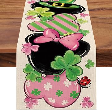 Seliem St Patricks Day Table Runner, Pink Lucky Shamrock Clover Top Hat