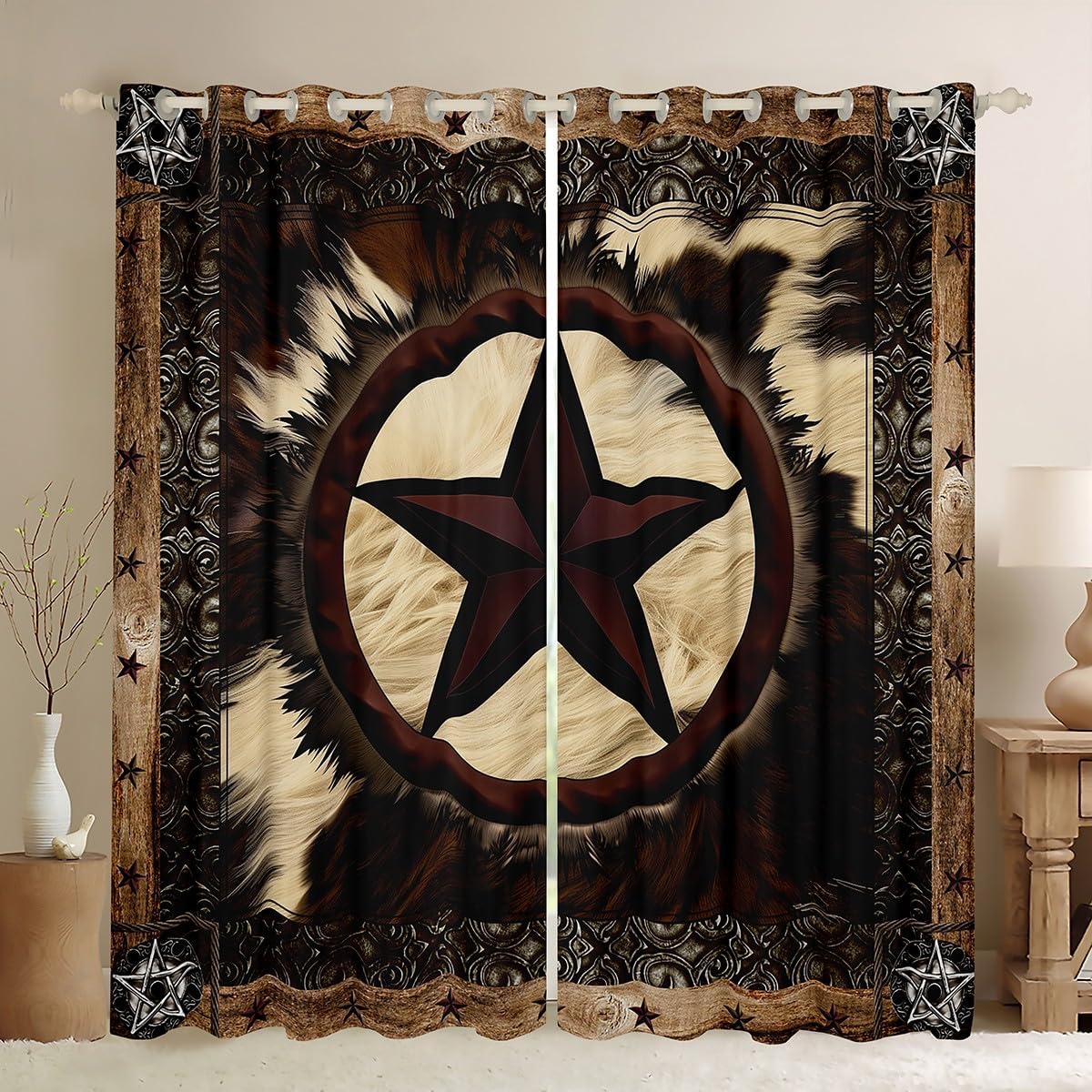 Erosebridal Highland Cow Curtains for Kids Boys Girls,Farmhouse Cowhide Window Curtains 42x84,Western Texas Star Window Treatments,Rustic Wooden Fur Shades Drapes 2 Panels Lodge Cabin Decor