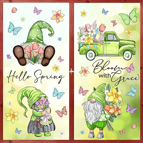 Whaline 106 calcomanías de PVC reutilizables para ventana de primavera, acuarela, gnomo, mariposa, flores, calcomanías de PVC reutilizables para el