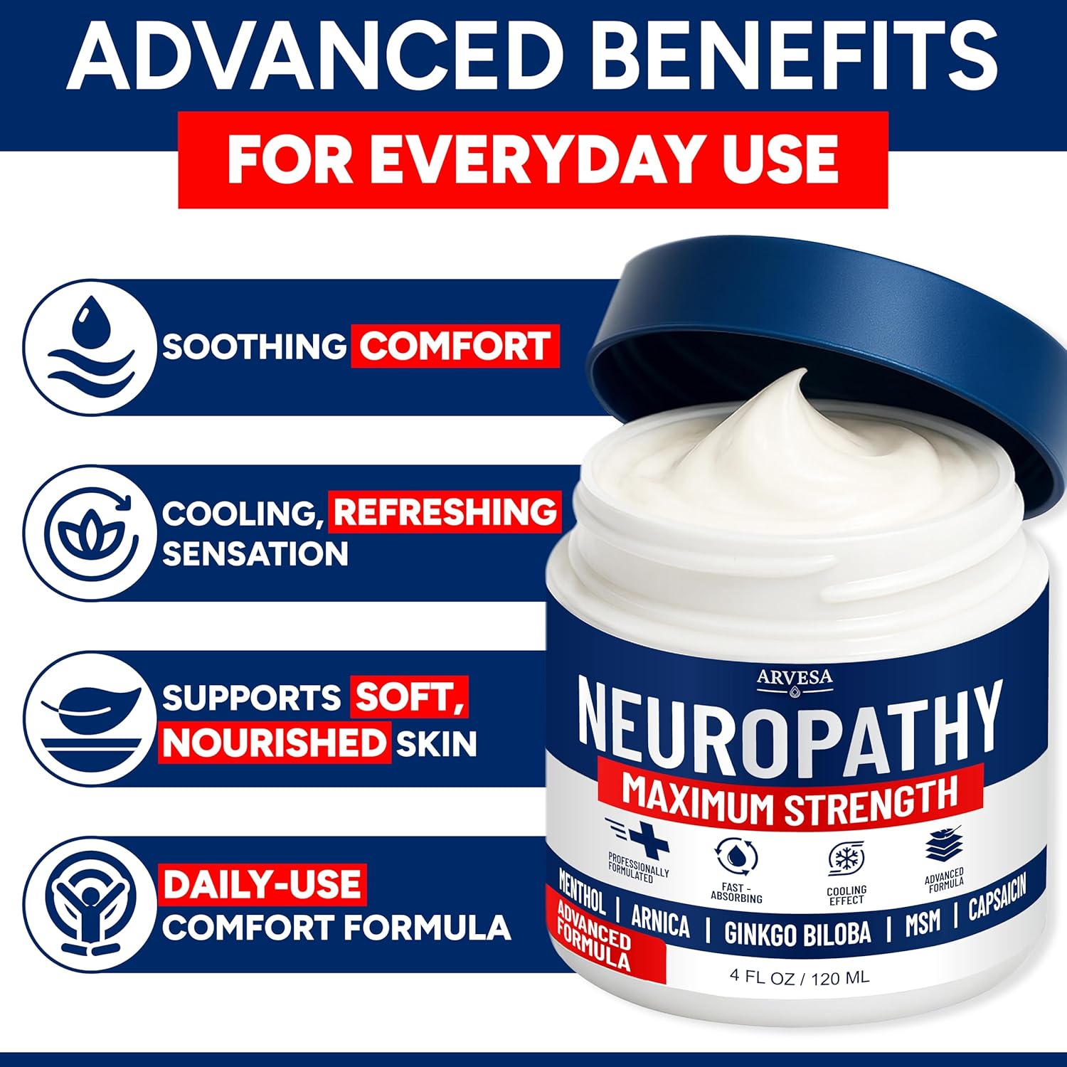Neuropathy Cream - Maximum Strength - Arnica, MSM, Hemp Seed Oil, Ginkgo Biloba, Capsaicin - Non-Greasy with Cooling Effect - Value Pack - Natural Ingredients - Formulated in USA - Image 3