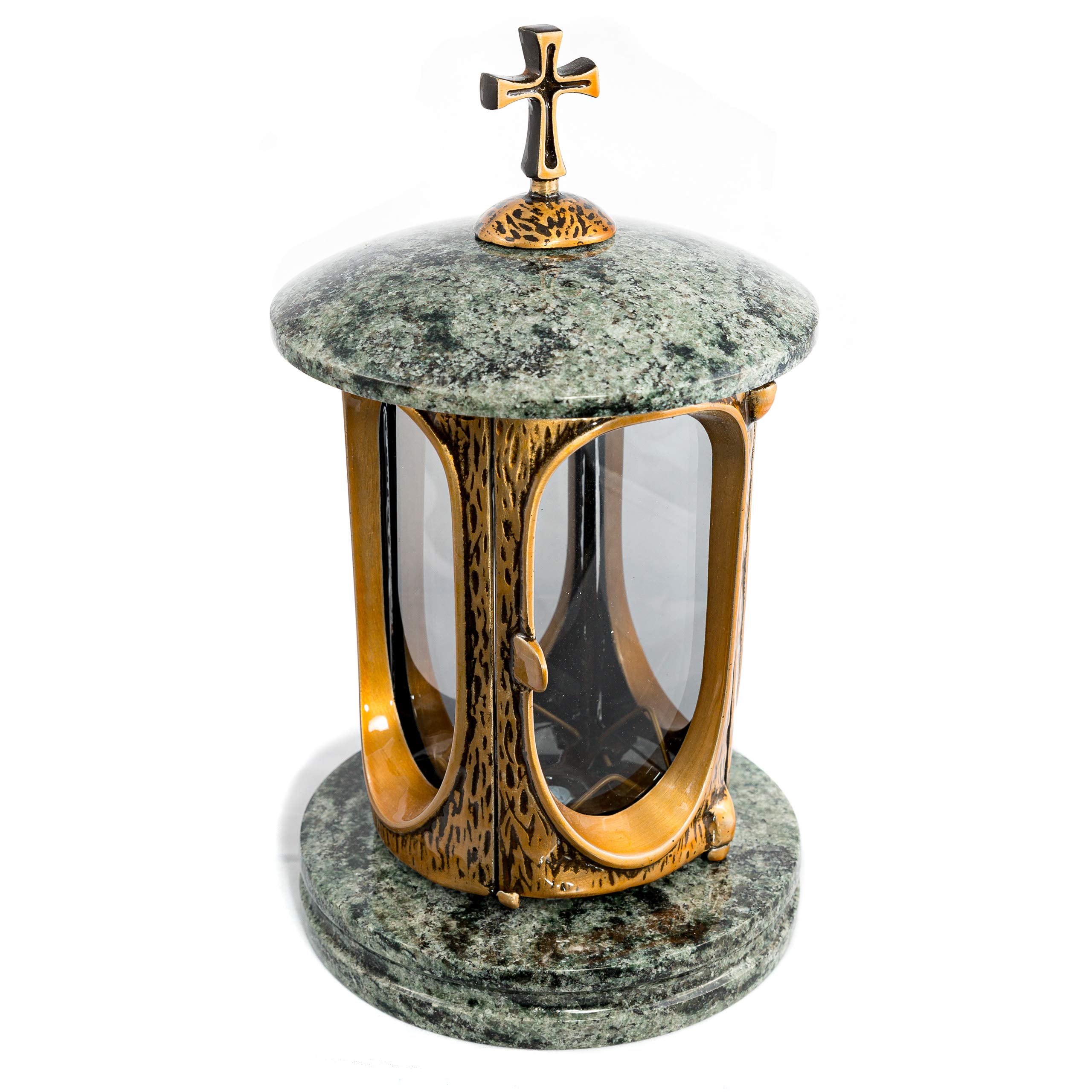 Afterglow - Farol para tumba Elégant con cruz de granito, aceituna de 27 cm de altura, 15 cm de diámetro, lámpara para tumba, lámpara de granito, bronce, con base de decoración