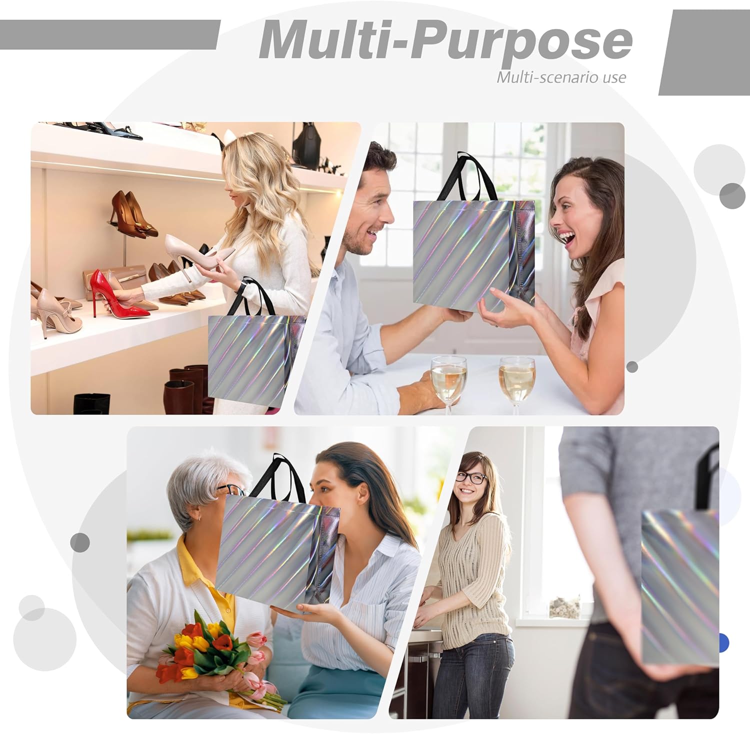 cabzymx 16 Pcs Unique Dazzling Silver Reusable Gift Bags with Handles & Bases, Shiny Non-woven Holiday Goodie Bags Bulk for Birthday, Wedding, Party- 12.6x4.7x11 In - Image 5