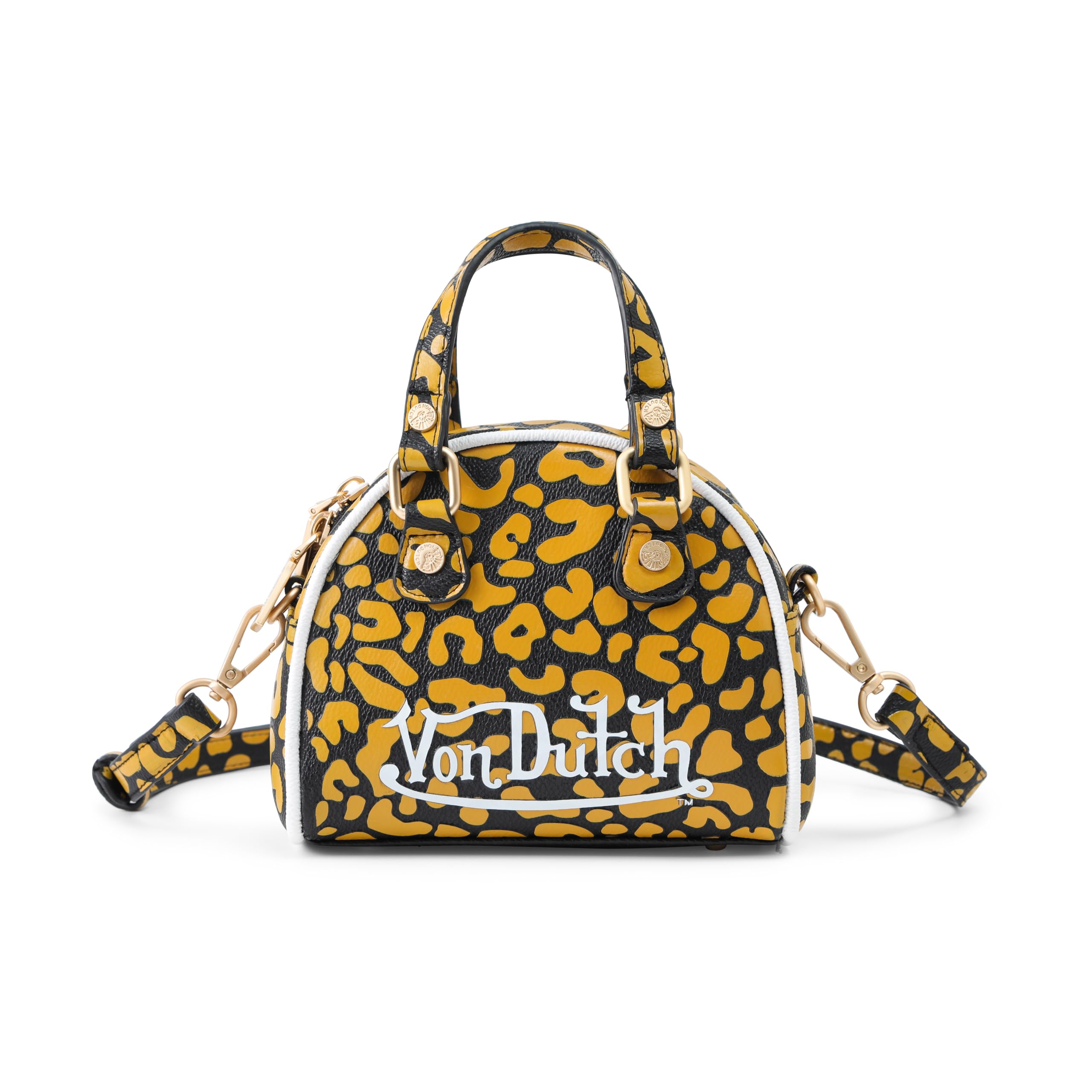 Von Dutch Mini Bowling Bag Cheetah Print | 6.8” Vegan Leather Crossbody with Logo Hardware, Top Handles & Zipper Pouch, Cheetah Grey