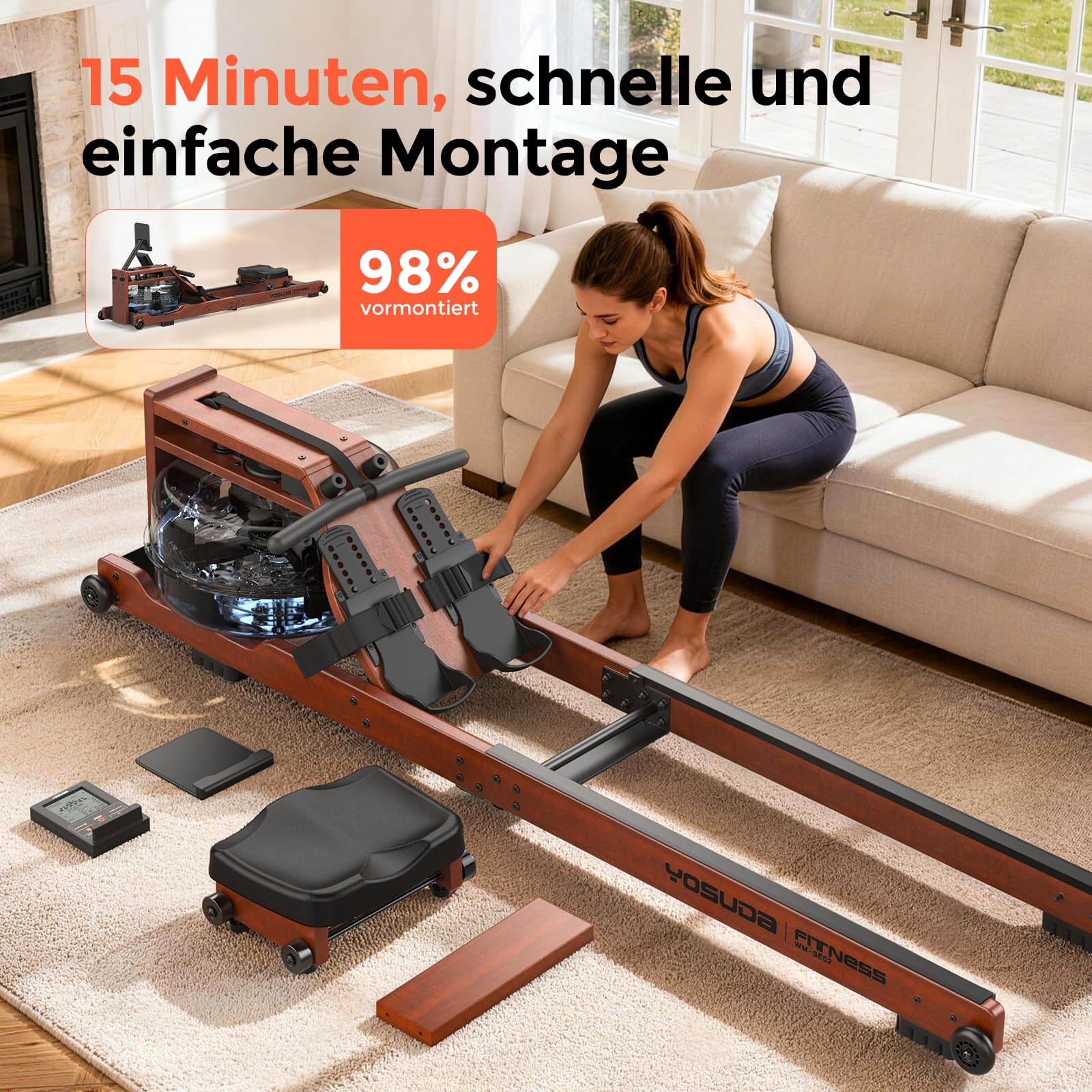 YOSUDA 2026 Neu Rudergerät Wasser, max. 190cm/182kg, 22-Liter-Wassertank, Rudergerät für Zuhause Klappbar Holz mit Bluetooth Display & Verstellbarer Handy-Halter, ultraleise Rudermaschine, waterrower