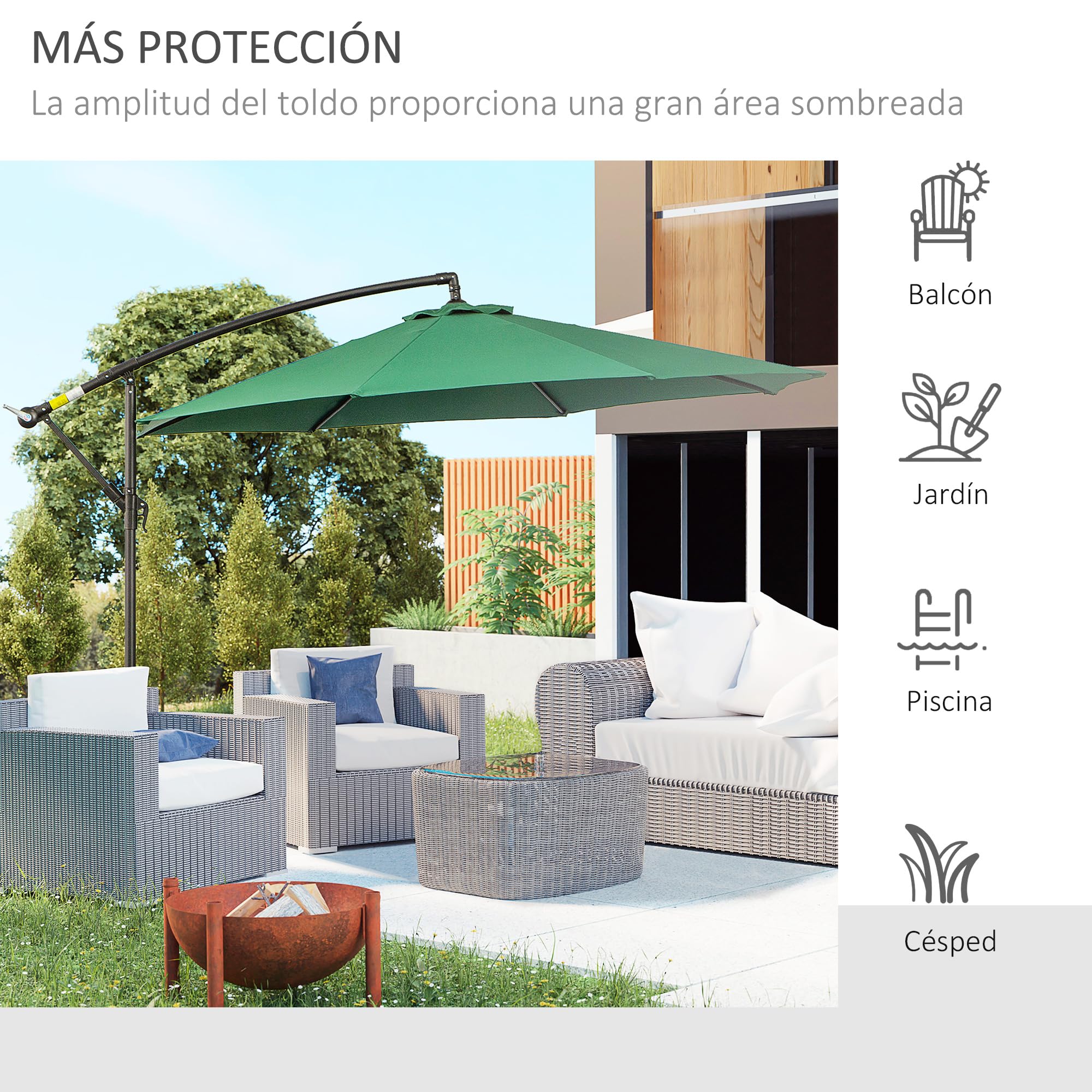 Outsunny Parasol Excéntrico Ø 295 cm Sombrilla de Jardín con Ángulo Ajustable en 3 Posiciones Base Cruzada y Manivela Tela Poliéster 180 g/m² Sombrilla para Terraza Patio