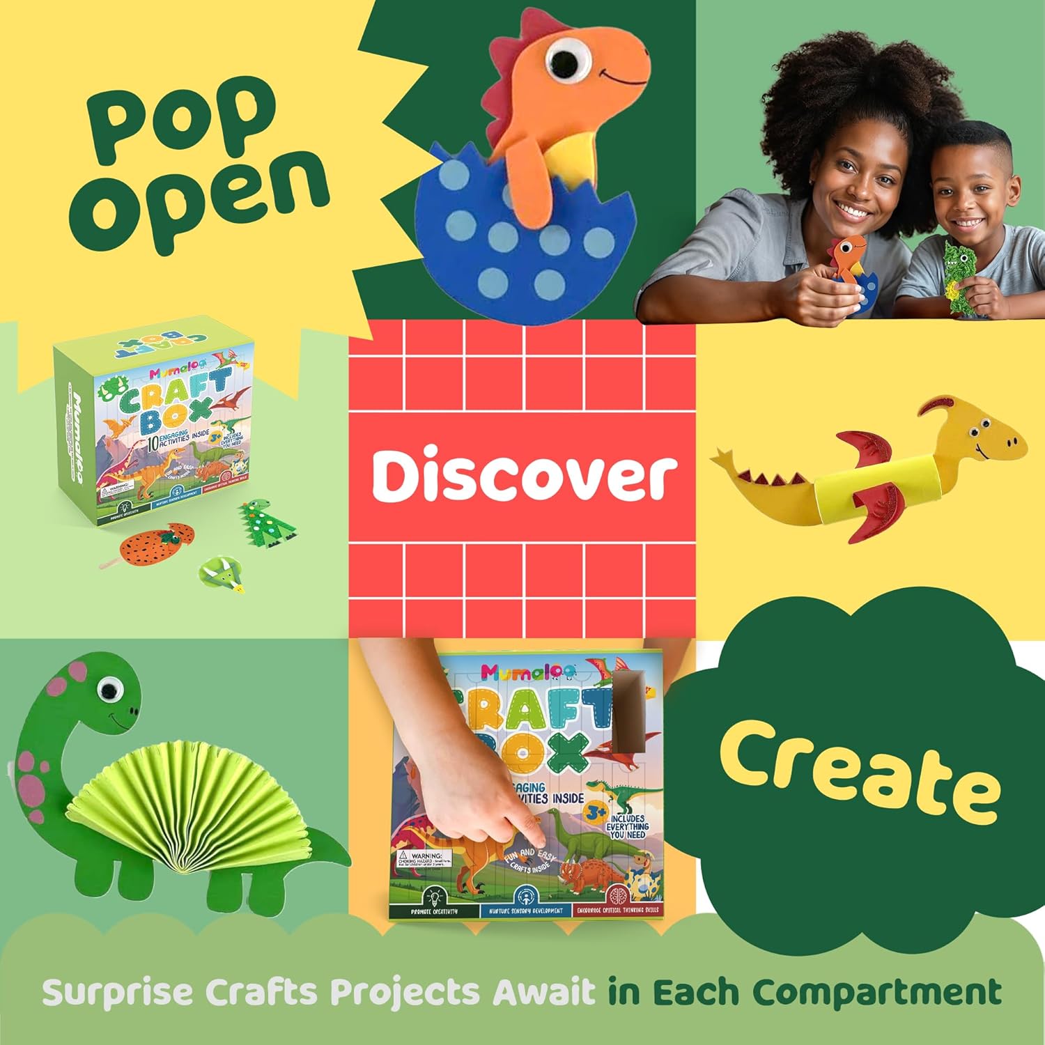 Mumaloo Dinosaur Craft Box - 10 Creative Arts and Crafts for Kids Ages 4-8, Fun, No Mess, Educational, Toddler, Preschool & Homeschool Activities Kit with Supplies, 3 4 5 6 7 8 Year Old Girls and Boys