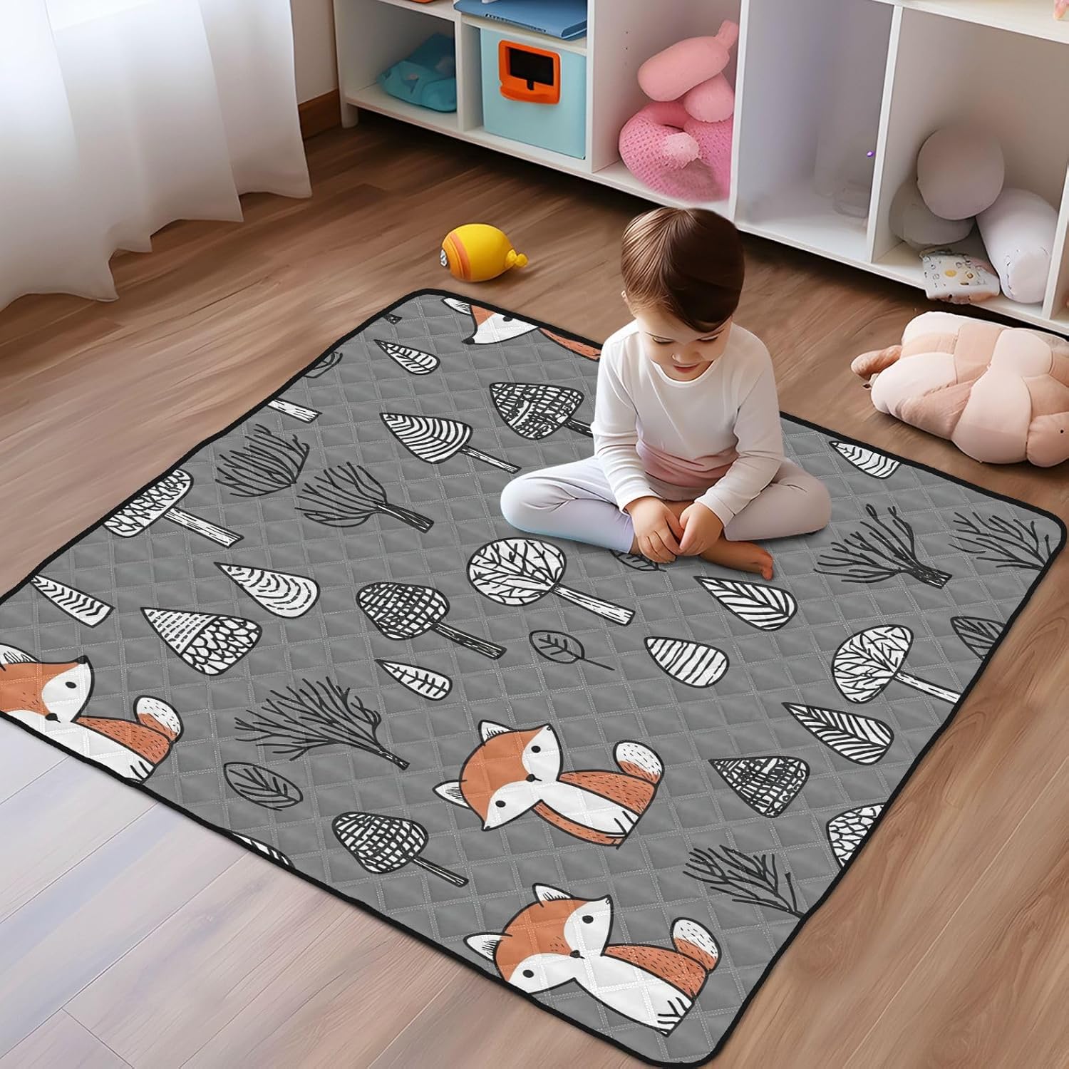 Doodle Cute Fox Baby Play Mat, 50“ X 50” Washable Folding Crawling Mat, Baby Floor Mat, Soft, Thick, Non-Slip