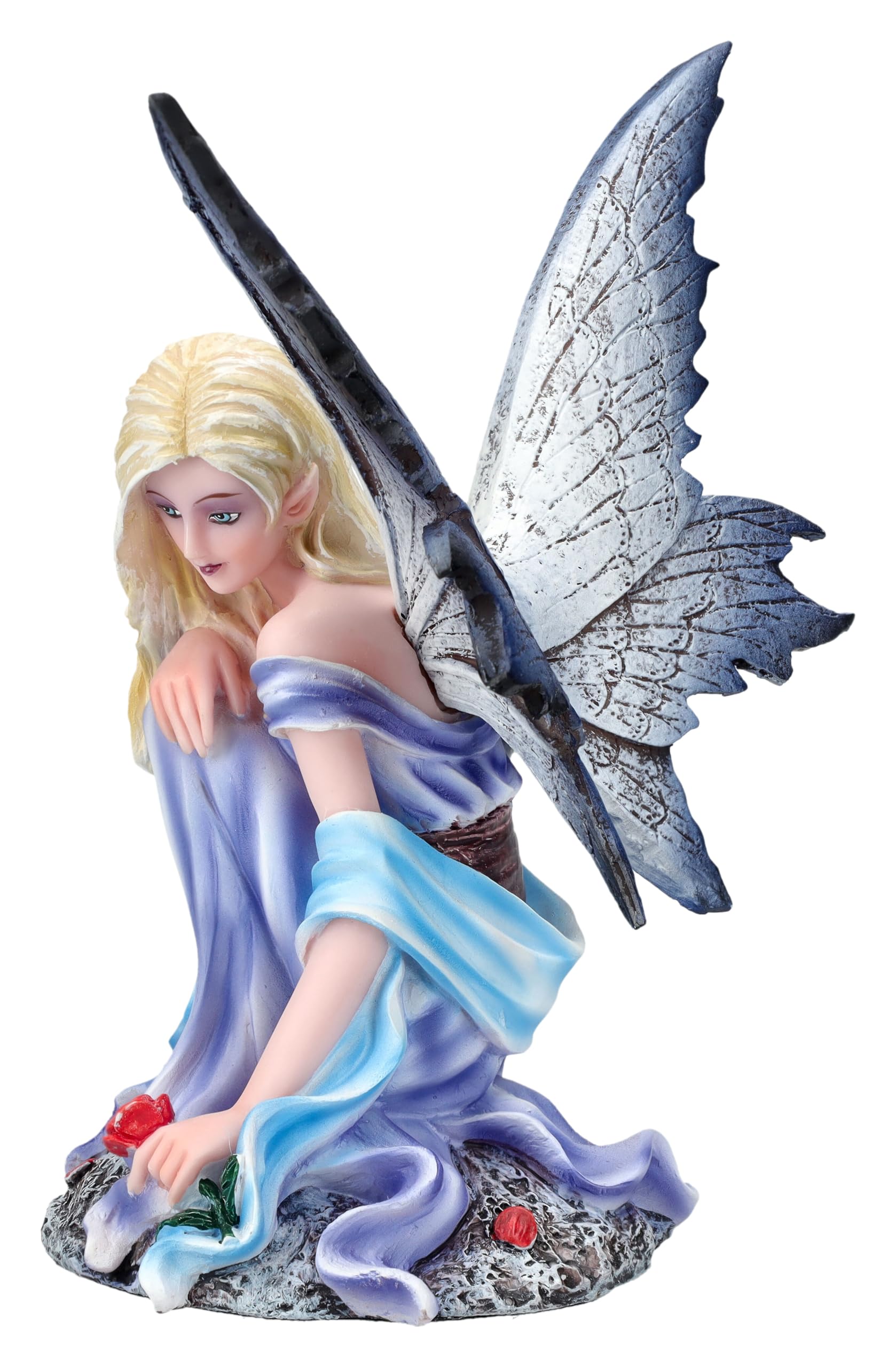 Figuren Shop GmbH Elfenfigur - Miriel mit Rose 14,5 cm - Fee blaues Kleid Fantasy Elfe Figur Deko