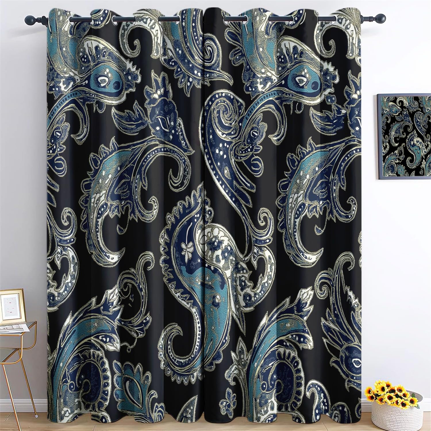 Rideau Occultant Motif Floral Motif Cachemire Occultant Rideaux Thermiques à Oeillets pour 100L X 178H cm (2 Panneaux) Isolant Thermique 3D Impression Décoration Salon Rideau IsolantBleu