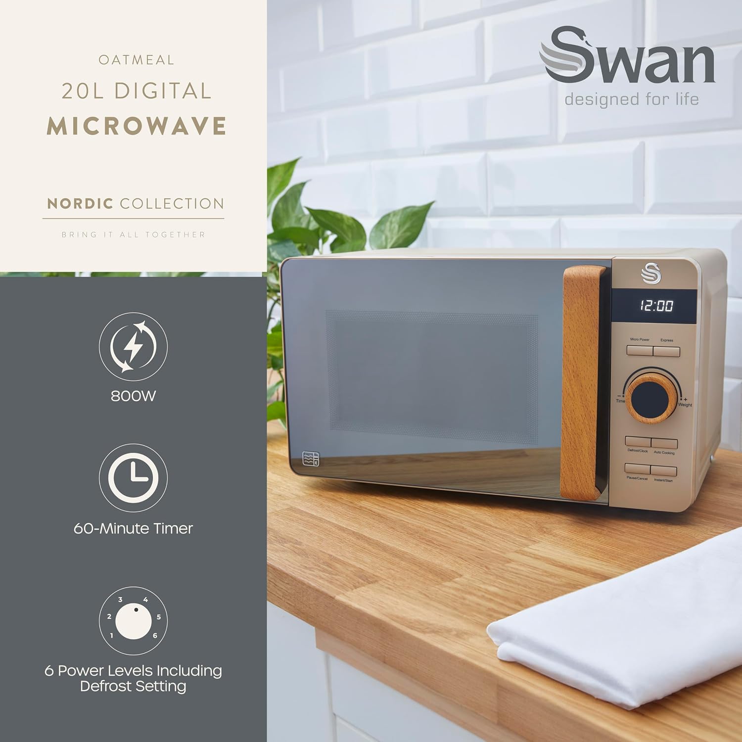 Swan SM22036LOAT Nordic Digital Microwave with 6 Power Settings, 60 Minute Timer, LED Display and Defrost Mode, 20L, 800W, Oatmeal - Image 2