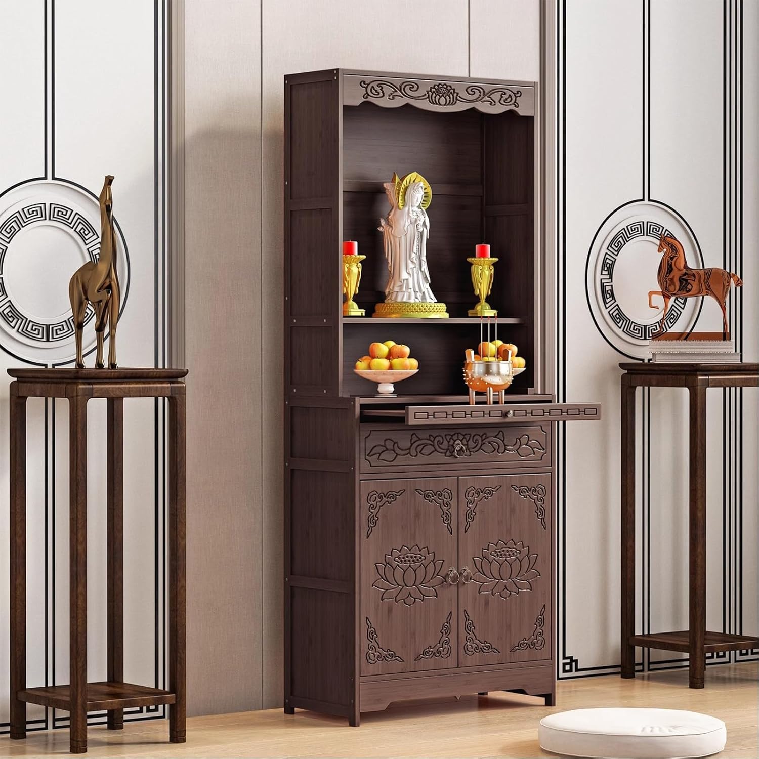 Personal Shrine Altar Table, Meditation Altar Tables with Retractable Pull Plate and Enclosed Storage Area, for Buddhist Halls(43cm/17'')