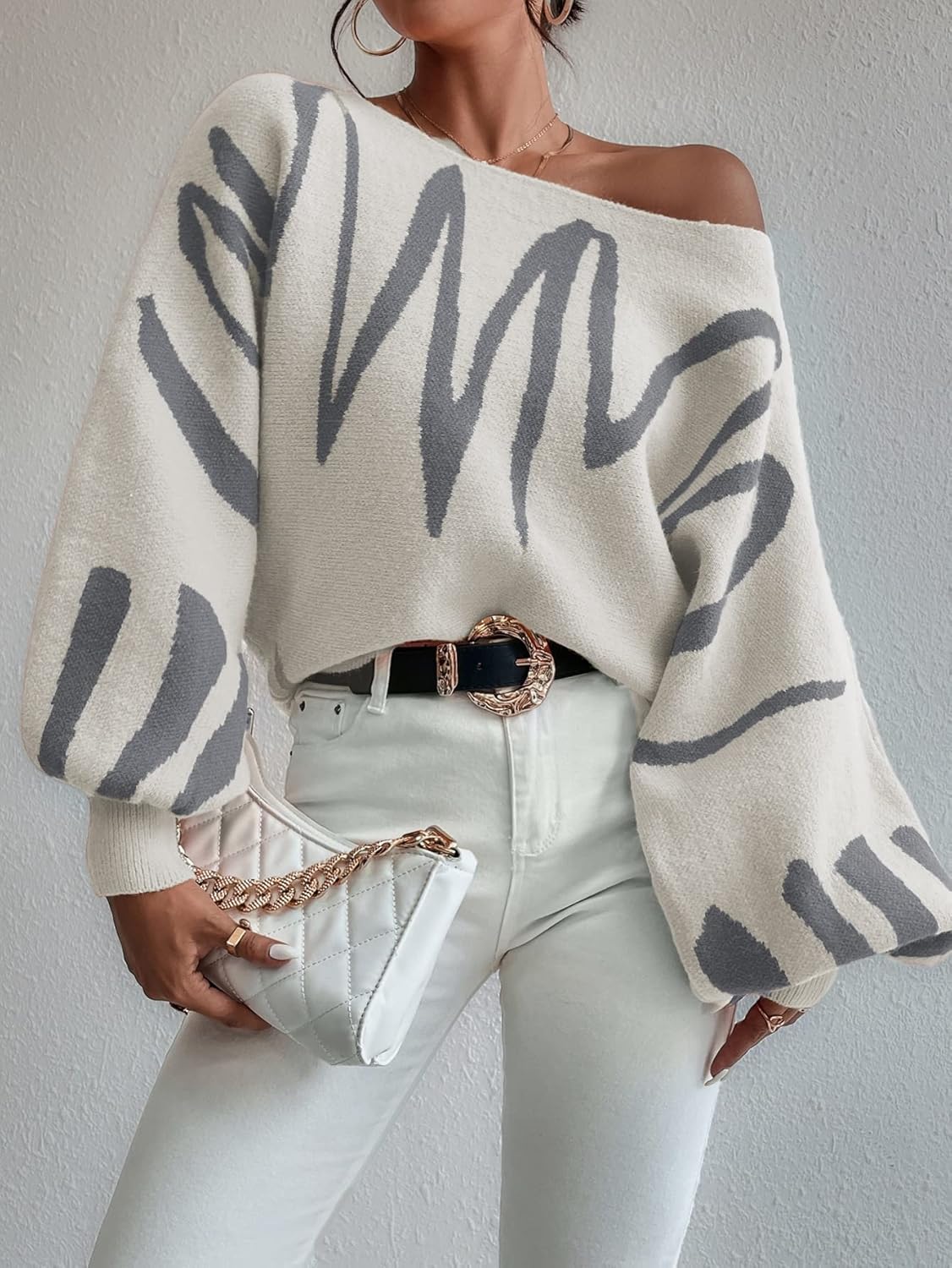 FOIVOS Women's Sweater Graphic Pattern Lantern Sleeve Sweater Sweater for Women (Color : Multicolor, Size : Small)