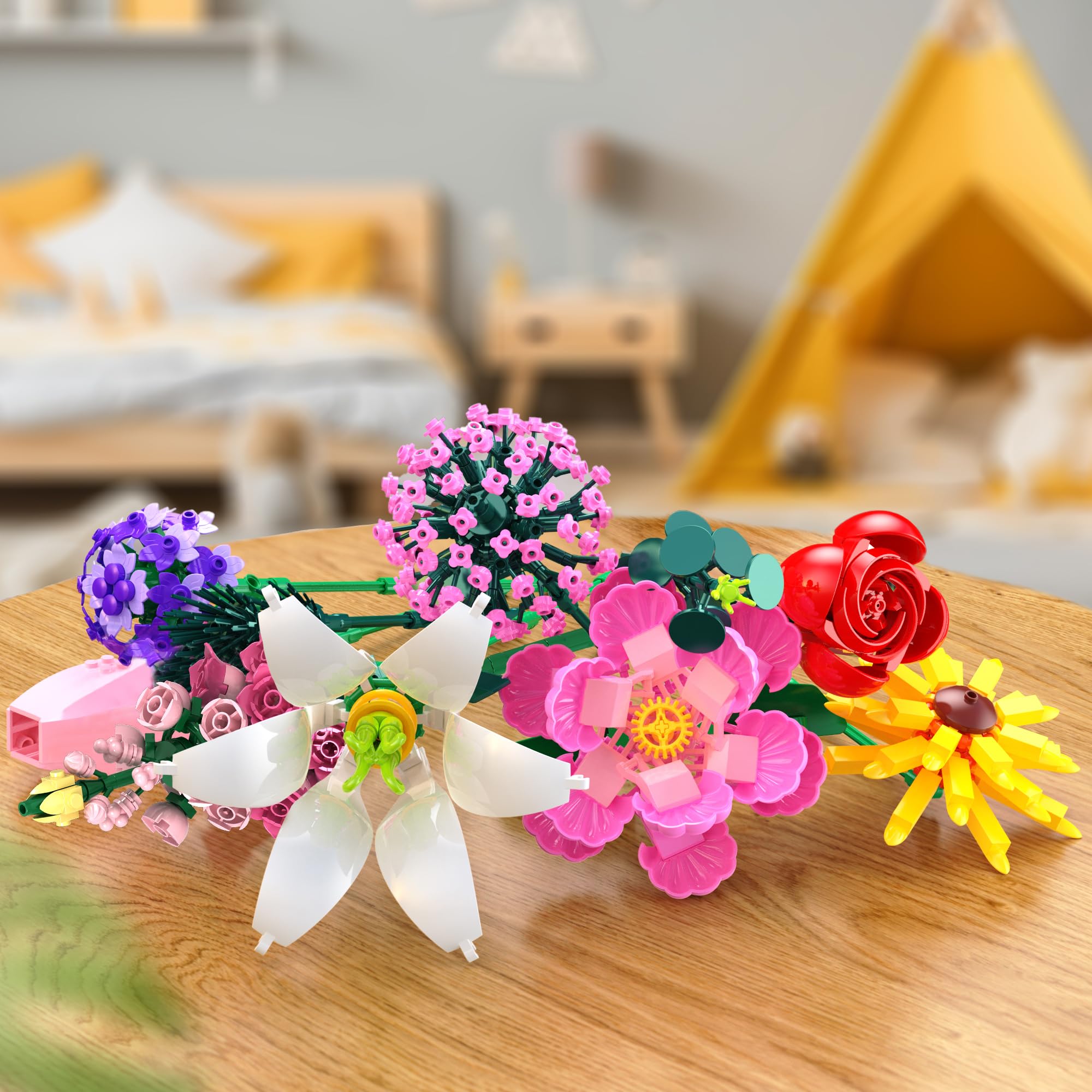 Kit de Construction Bouquet de Fleurs, 721 PCS 10 Flower Décoratives pour Bureau ou Maison, Cadeaux pour Noël Enfants 6+ Ans & Adultes, Fête des Mères, Saint-Valentin pour Homme ou Femme