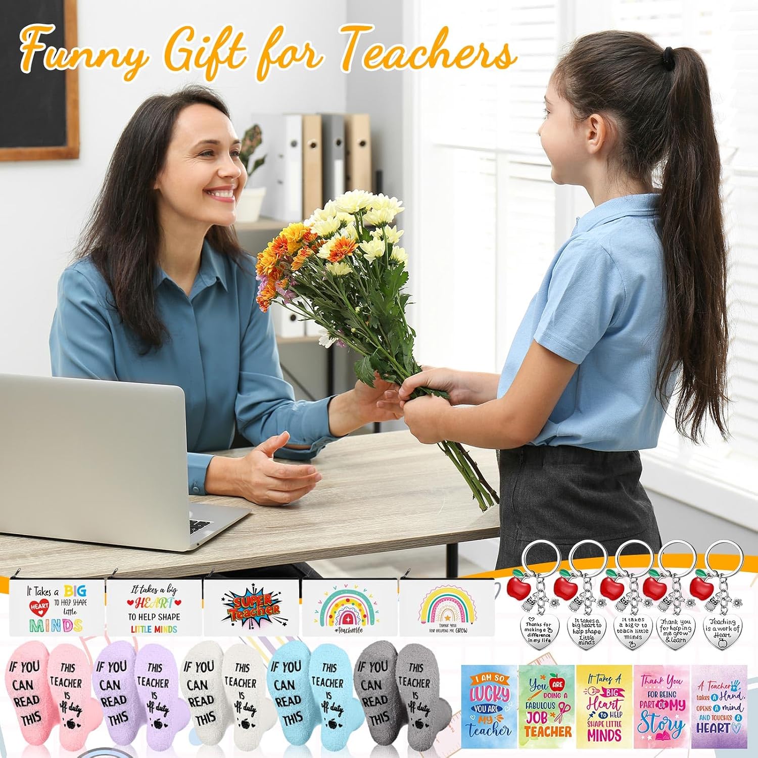 Wesiti 20 Pcs Teacher Appreciation Gift Set Teacher Socks, Makeup Bags, Inspirational Notepads & Keychains for Graduation Birthday Teacher's Day