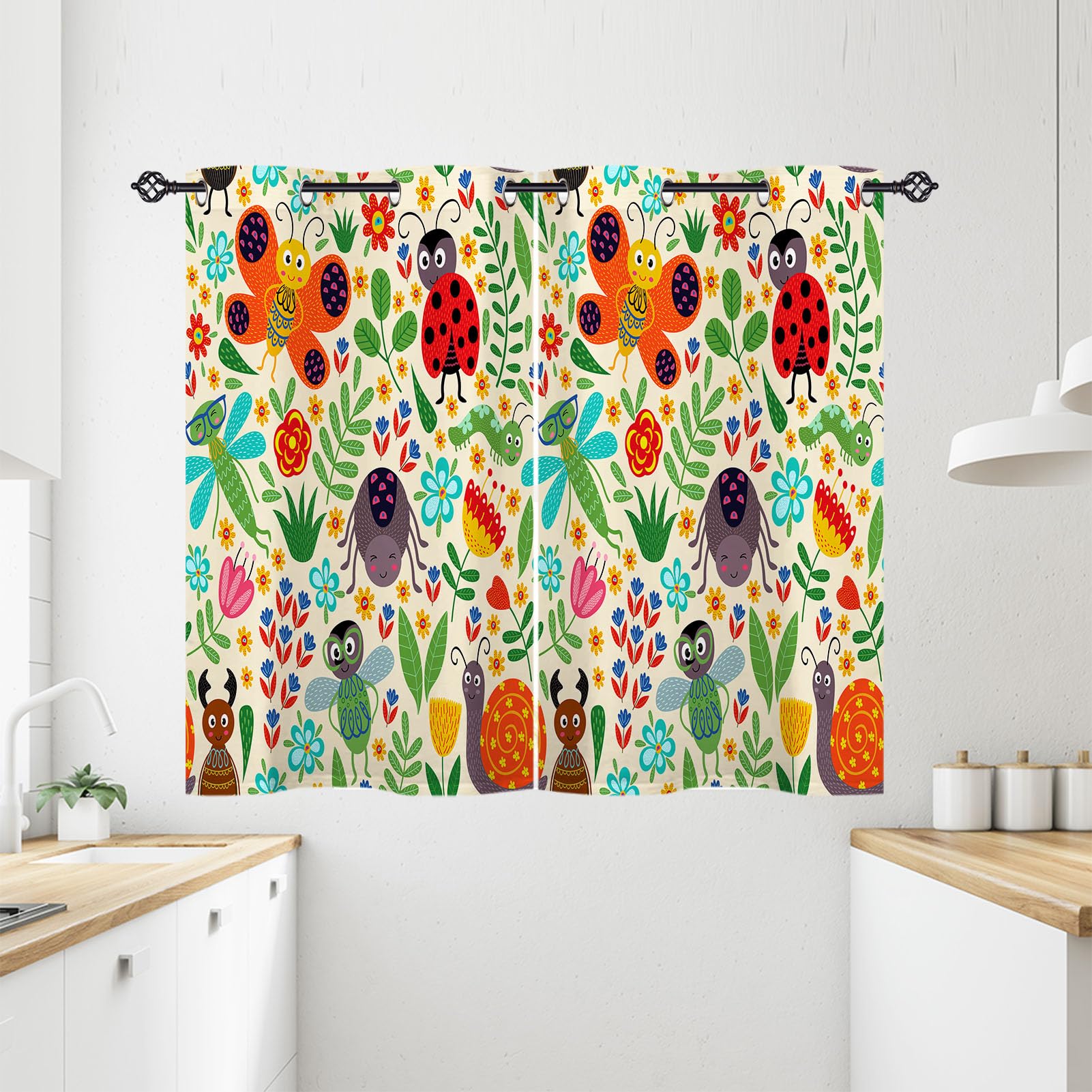 ANHOPE Insect Curtains Eyelet 80% Blackout Room Darkening Curtains with Cute Cartoon Animal Plant Print Pattern Thermal Insulated Window Drapes for Kids Bedroom Living Room 28 x 54 Inch Drop 2 Panels โ image 1