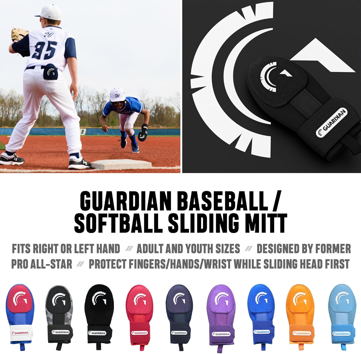 Guardian Baseball Sliding Mitt - Youth and Adult Sizes - Sliding Glove for Baseball - Elastic Compression Strap, Pack of 2