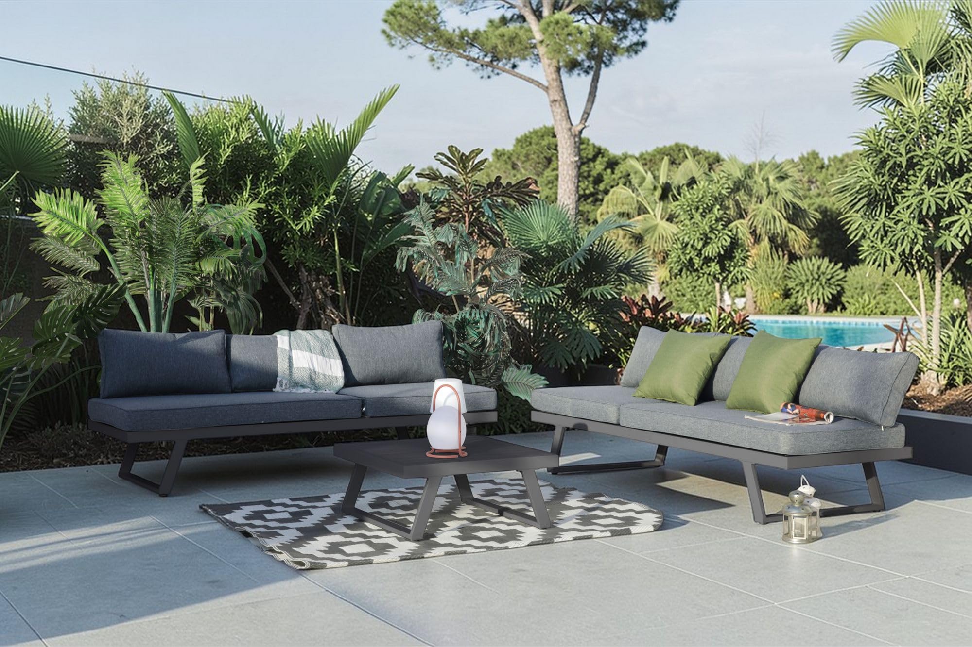 ALEOS. Gartenlounge Lounge aus Aluminium Multifunktionslounge Loungeecke Lounge Set Loungegarnitur Sitzgruppe Doppelliege Sofagarnitur Cancun grau anthrazit mit bequemen Kissen