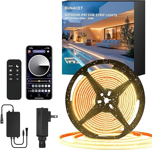 Miniatura 12 de 50 pies de tira LED COB para exteriores IP67 impermeable, 3000K blanco cálido DC24V tiras de cuerda LED flexibles con control remoto y aplicación