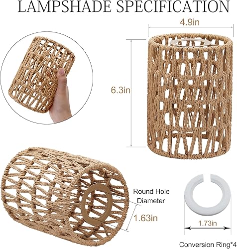 Miniatura 2 de Pantalla de lámpara de ratán, 4 unidades de repuesto de pantalla de mimbre pequeña retro, cubierta de lámpara colgante tejida bohemia para