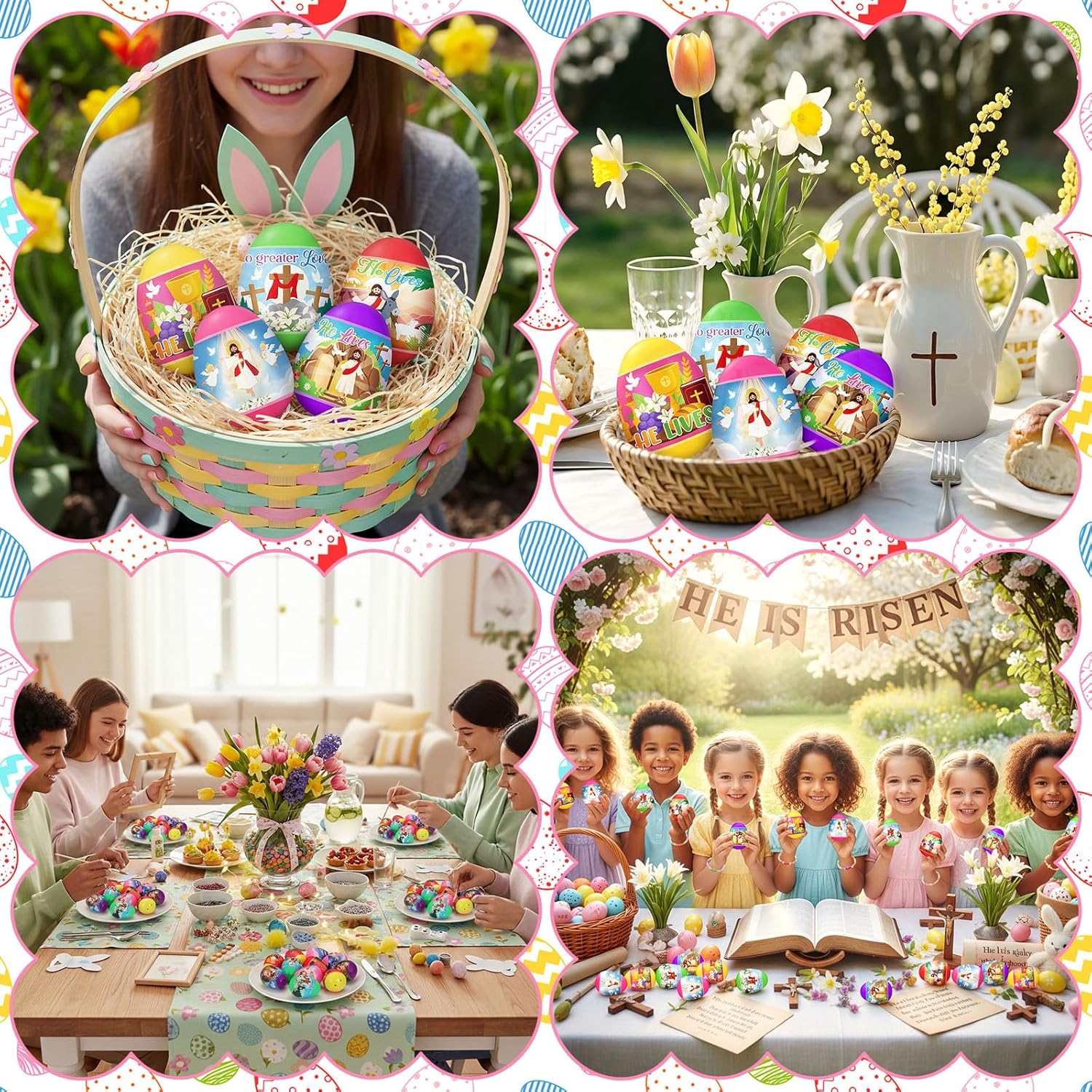 Poen 30 Set Prefilled Religious Easter Eggs with Christian Cross Candy Colored Bracelets Resurrection Eggs Religious Easter Basket Stuffers for Holy Week Church Egg Hunt Party Favors Gifts