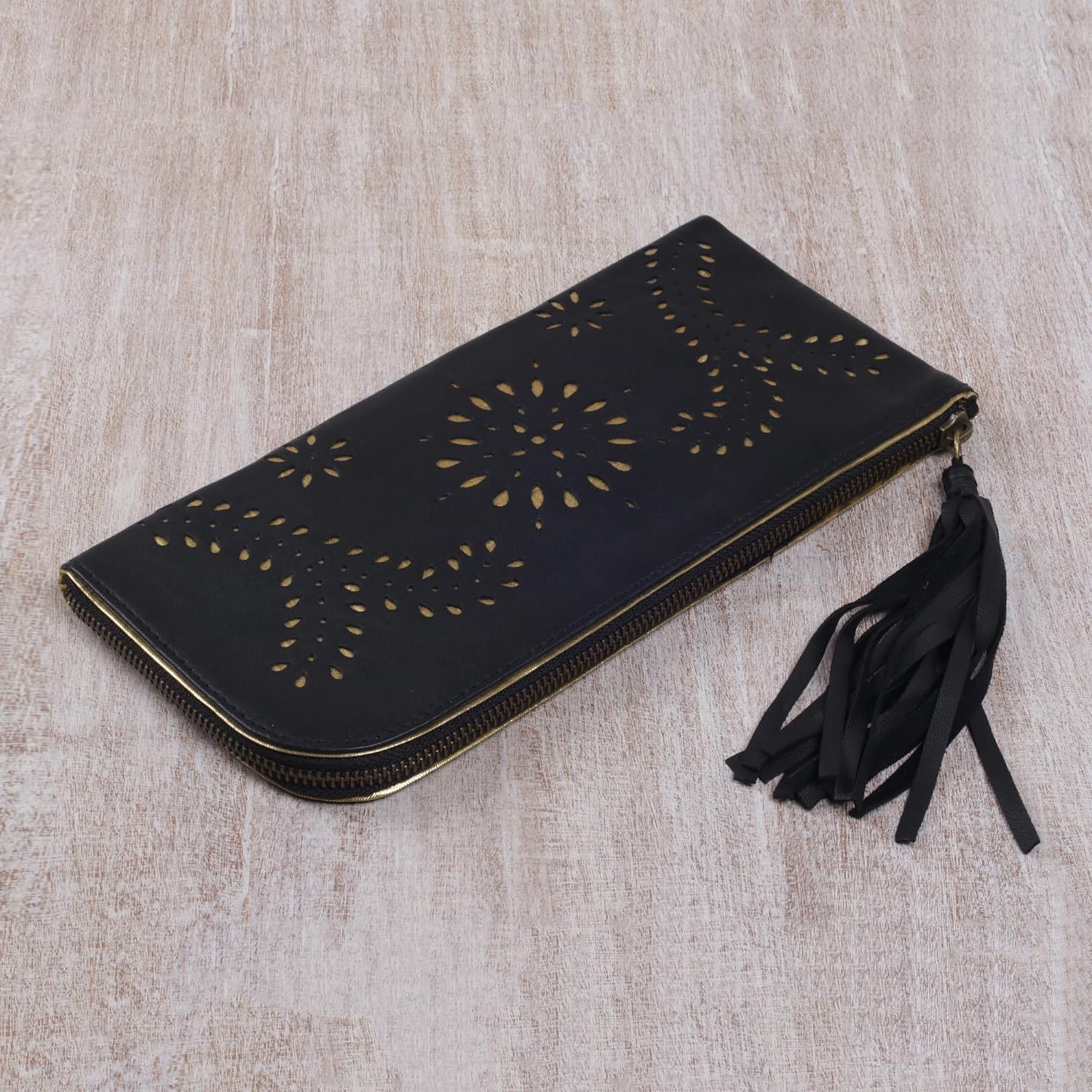 NOVICA Artisan Handmade Leather Wallet Clutch Black Gold Combo in Bali Handbags Wallets Indonesia Bohemian ' Prambanan Fireworks in Black'