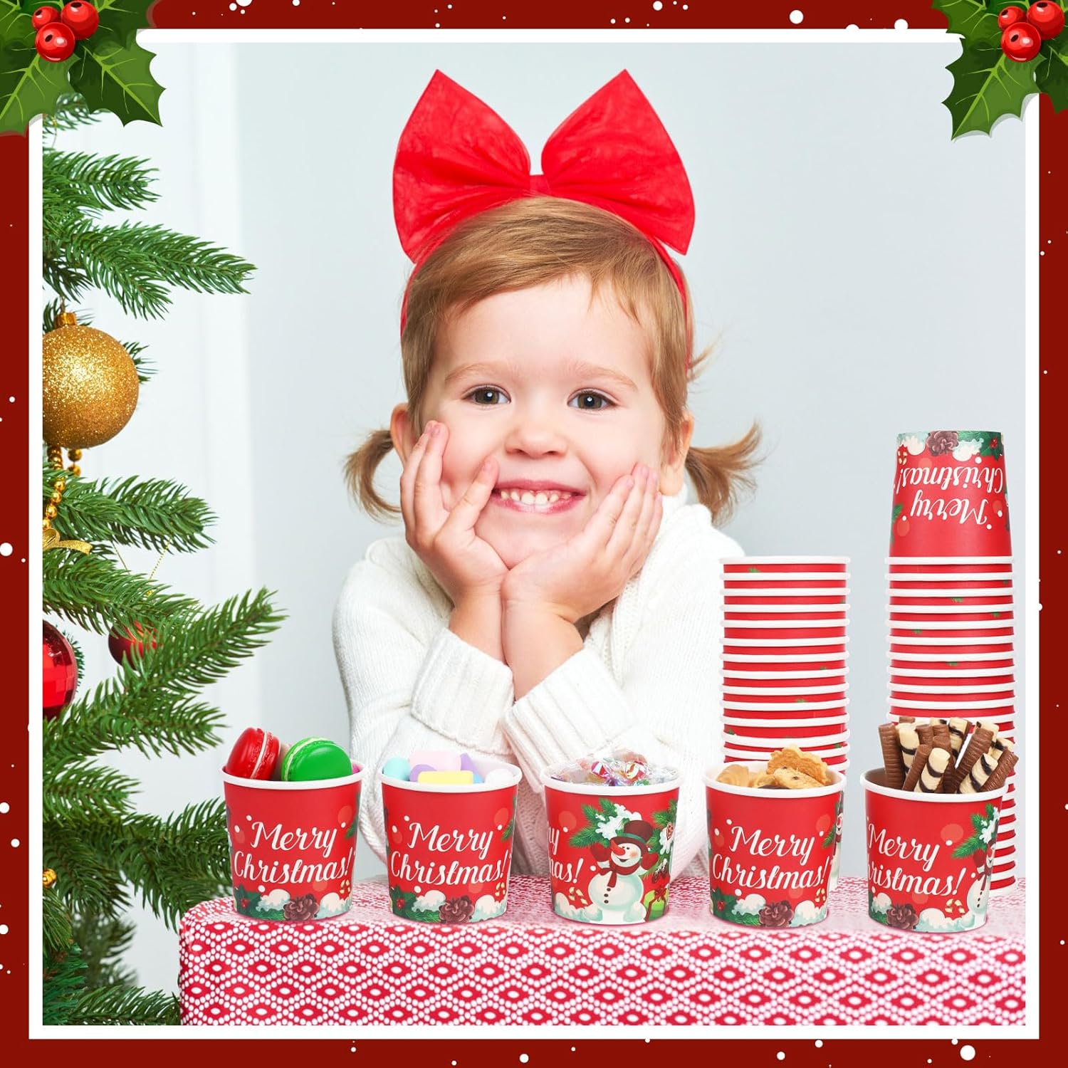 Yaomiao 180 Pcs 12 oz Christmas Snack Bowls Bulk Paper Bowls Disposable Christmas Cups for Holiday Dessert Ice Cream Treat Soup Sundae Hot or Cold Food Party Supplies Decorations