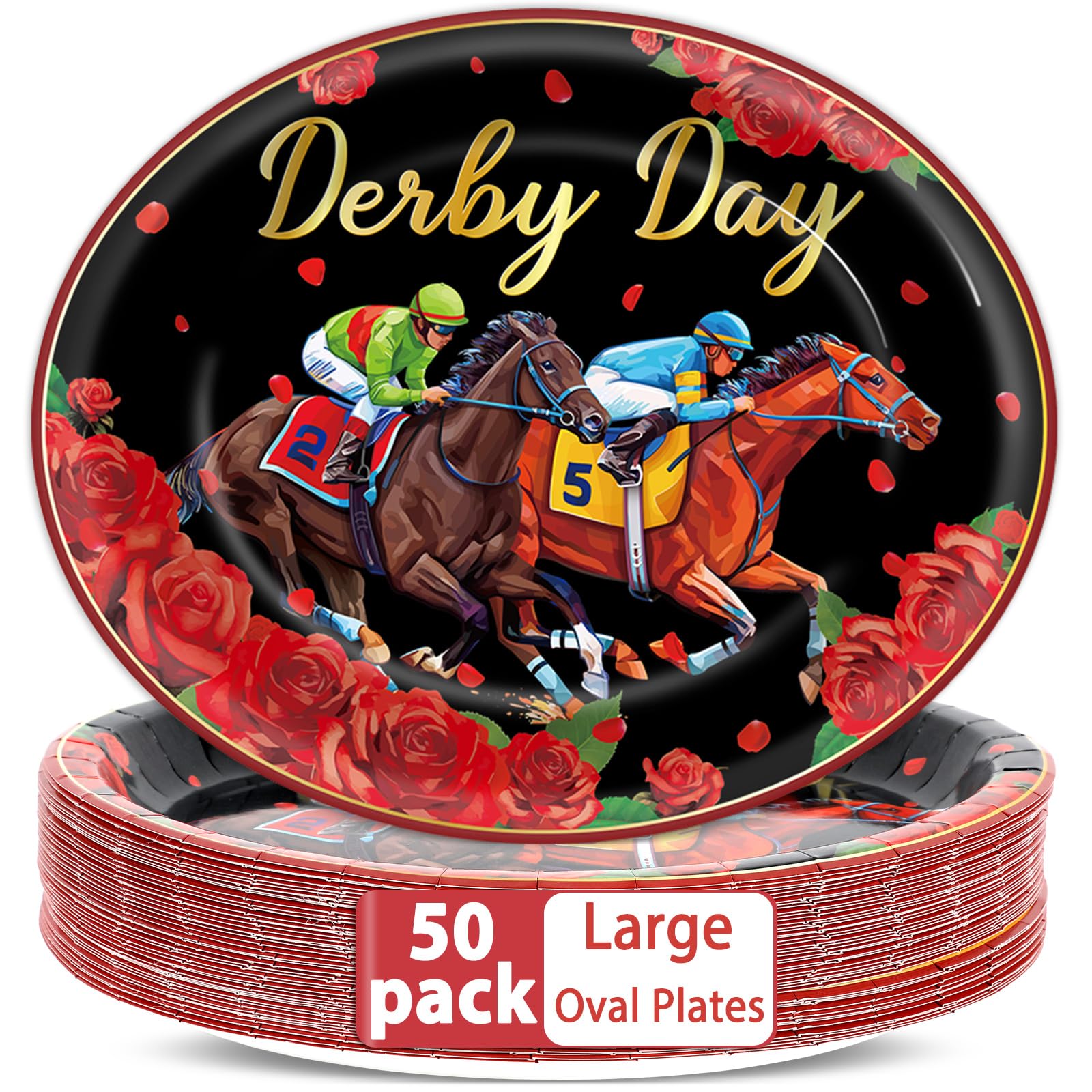 Qyeahkj 50 PCS Kentucky Oval Paper Plates Large 11” Disposable Derby Day Theme Party Decorations Horses Racing Supplies Favor Run for The Roses